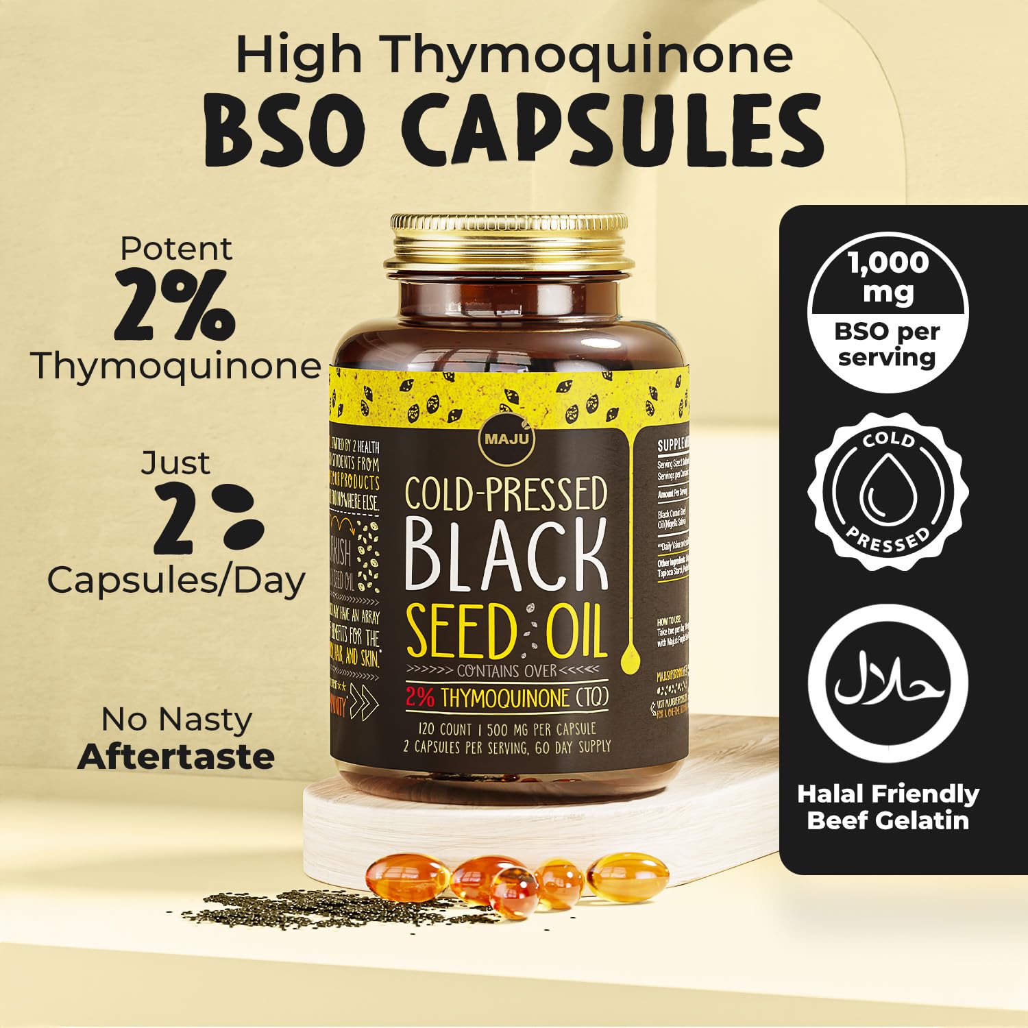 Maju Superfoods Black Seed Oil Capsules – Organic Turkish Nigella Sativa, Cold-Pressed, 2% Thymoquinone, 120 Count (3-Pack)