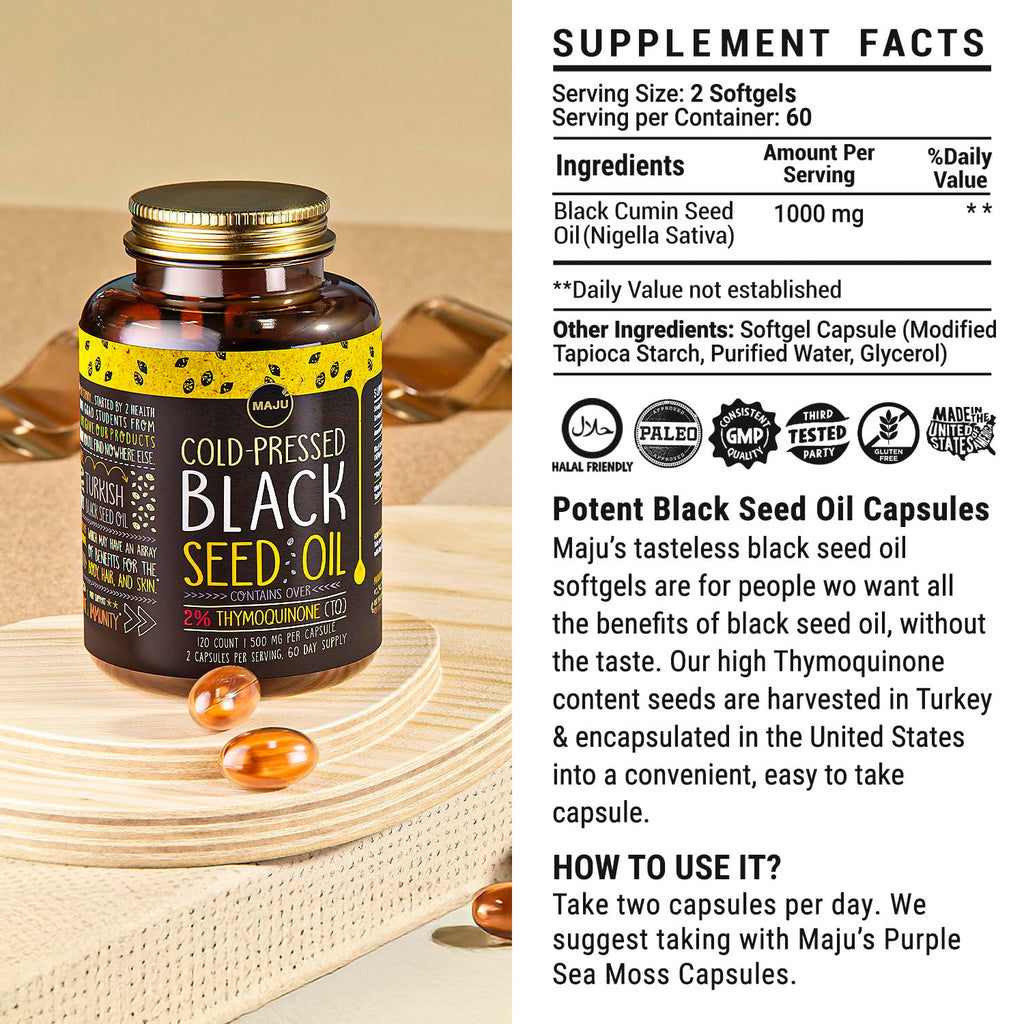 Maju Superfoods Black Seed Oil Capsules – 120 Count, 500mg, Cold-Pressed Nigella Sativa, 2% Thymoquinone, Organic Turkish Black Cumin