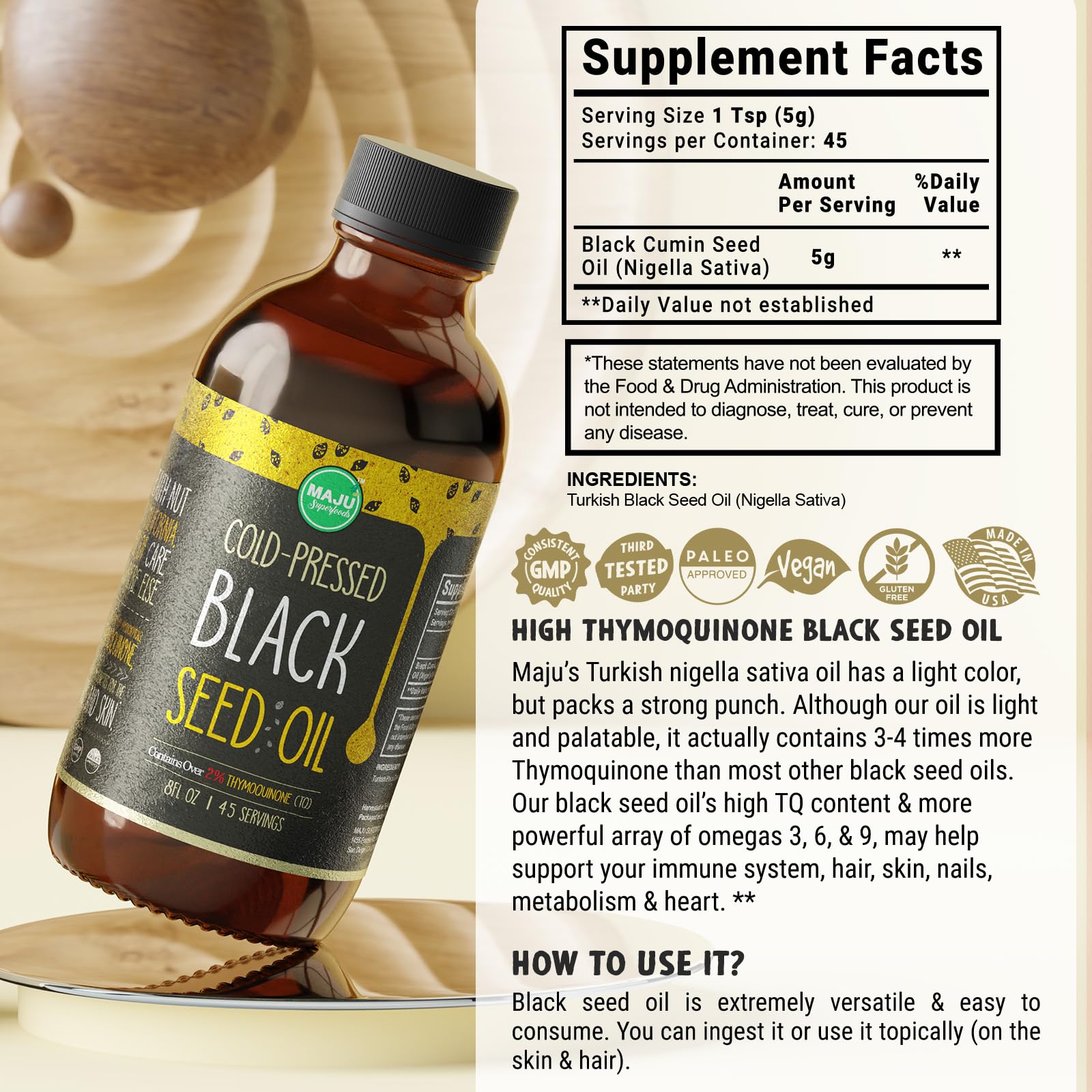 MAJU Black Seed Oil 8 oz – Cold-Pressed Turkish Black Cumin, 3x Thymoquinone, Liquid Pure Blackseed Oil