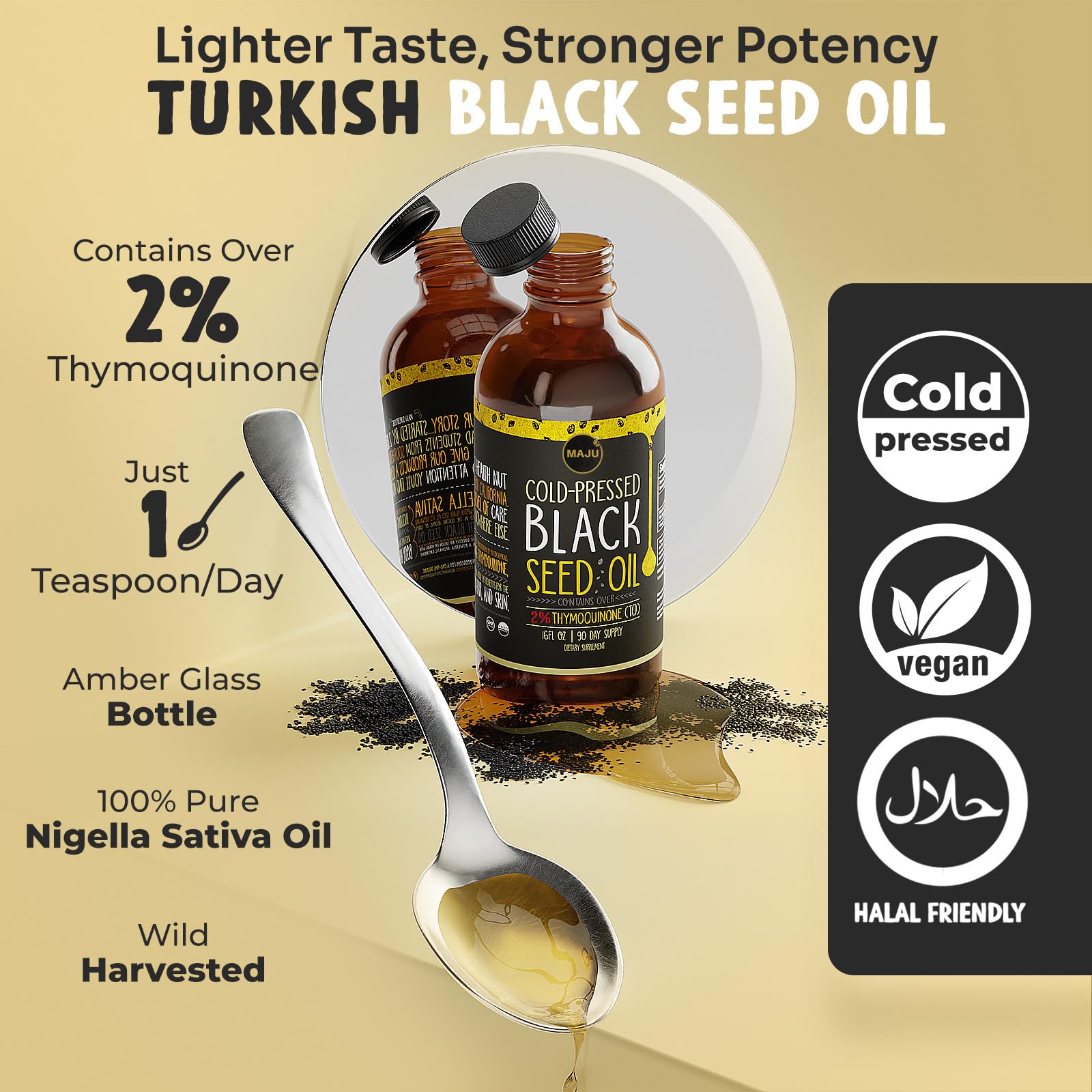 MAJU Black Seed Oil 16oz – 3X Thymoquinone, Cold-Pressed Turkish Nigella Sativa