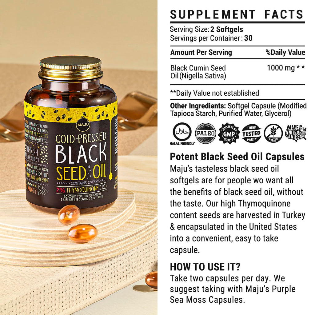 Maju Black Seed Oil Capsules – Cold Pressed Turkish Nigella Sativa, 500mg, 60 Count
