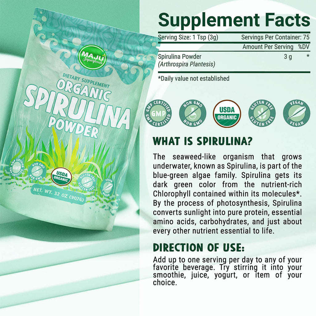 MAJU Organic Spirulina Powder (2 lb) – Jumbo Size, Non-GMO, Vegan, Gluten-Free