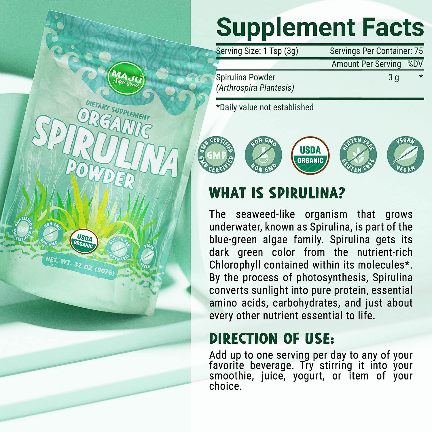 MAJU Organic Spirulina Powder (2 lb) – Jumbo Size, Non-GMO, Vegan, Gluten-Free