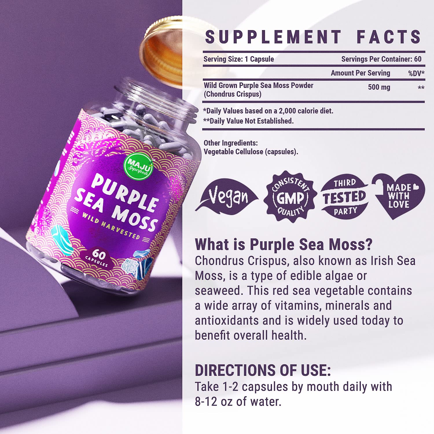 MAJU Purple Sea Moss Capsules 60ct – Extra-Strength Chondrus Crispus, Wild Harvested