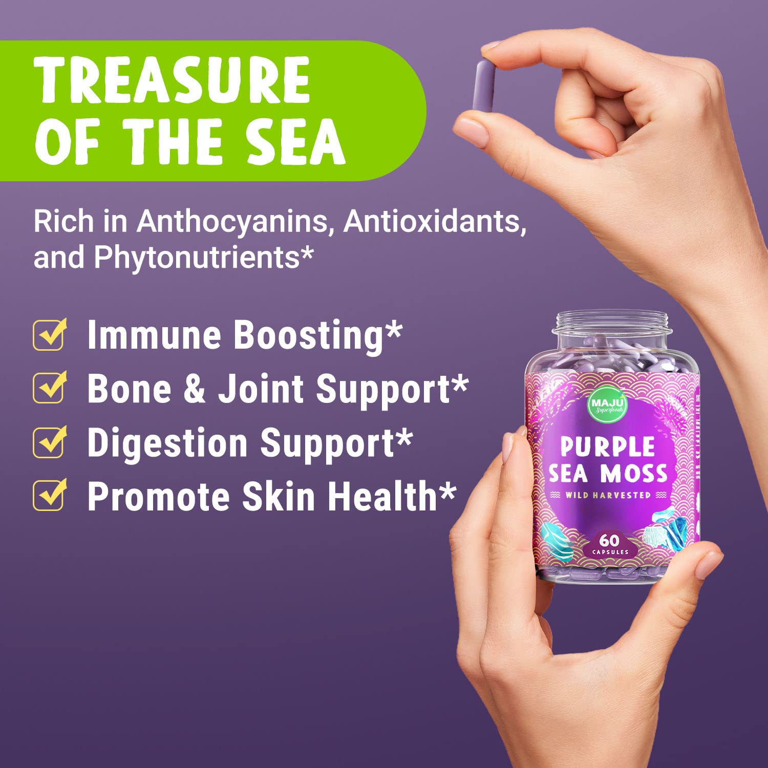 MAJU Purple Sea Moss Capsules 60ct – Extra-Strength Chondrus Crispus, Wild Harvested