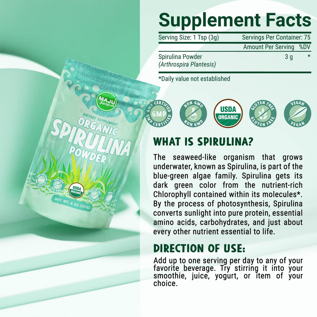 MAJU Organic Spirulina Powder .5 lb – Microcystin Free & Non-Irradiated