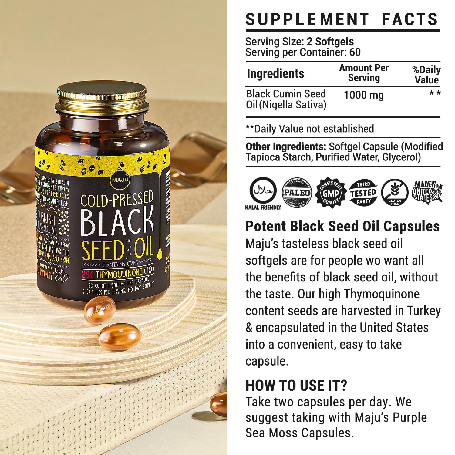 Maju Superfoods Black Seed Oil Capsules – Organic Turkish Nigella Sativa, Cold-Pressed, 2% Thymoquinone, 120 Count (3-Pack)