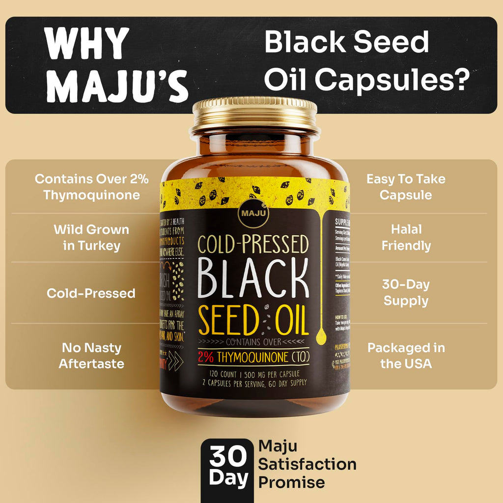 Maju Superfoods Black Seed Oil Capsules – 120 Count, 500mg, Cold-Pressed Nigella Sativa, 2% Thymoquinone, Organic Turkish Black Cumin
