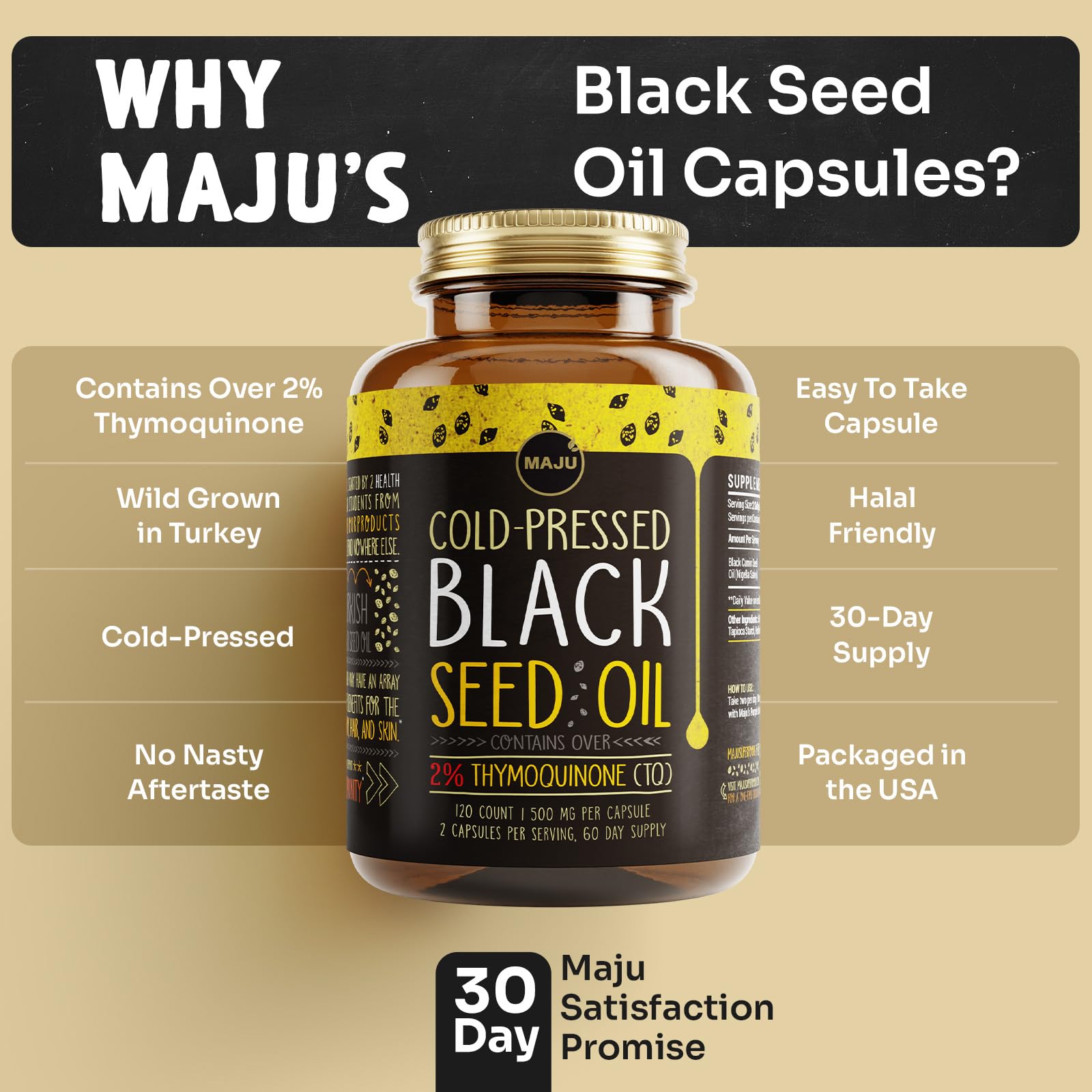 Maju Superfoods Black Seed Oil Capsules – 120 Count, 500mg, Cold-Pressed Nigella Sativa, 2% Thymoquinone, Organic Turkish Black Cumin
