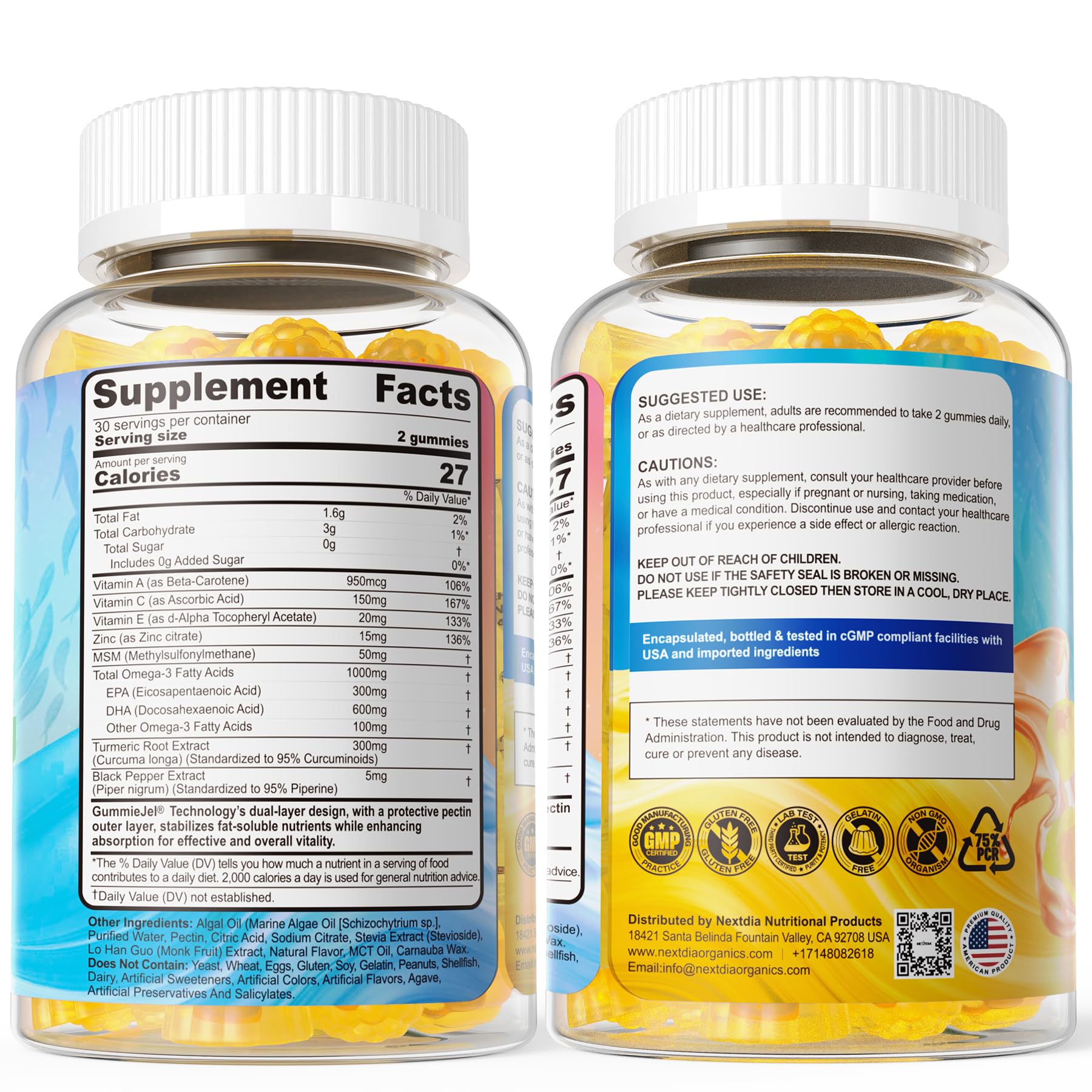 Vegan Omega-3 Gummies 1000mg + Turmeric | Algae DHA 600mg & EPA 300mg | Sugar Free, 60 Count