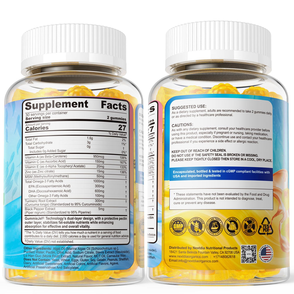 Vegan Omega-3 Gummies 1000mg + Turmeric | Algae DHA 600mg & EPA 300mg | Sugar Free, 60 Count