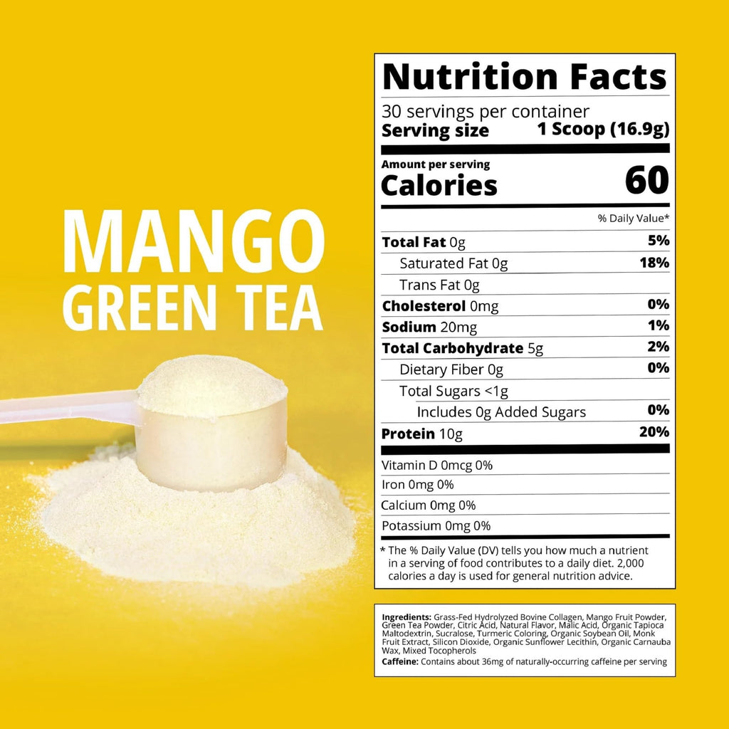 Mango Green Tea Collagen Powder | 30 Servings | Grass-Fed Bovine, No Added Sugar