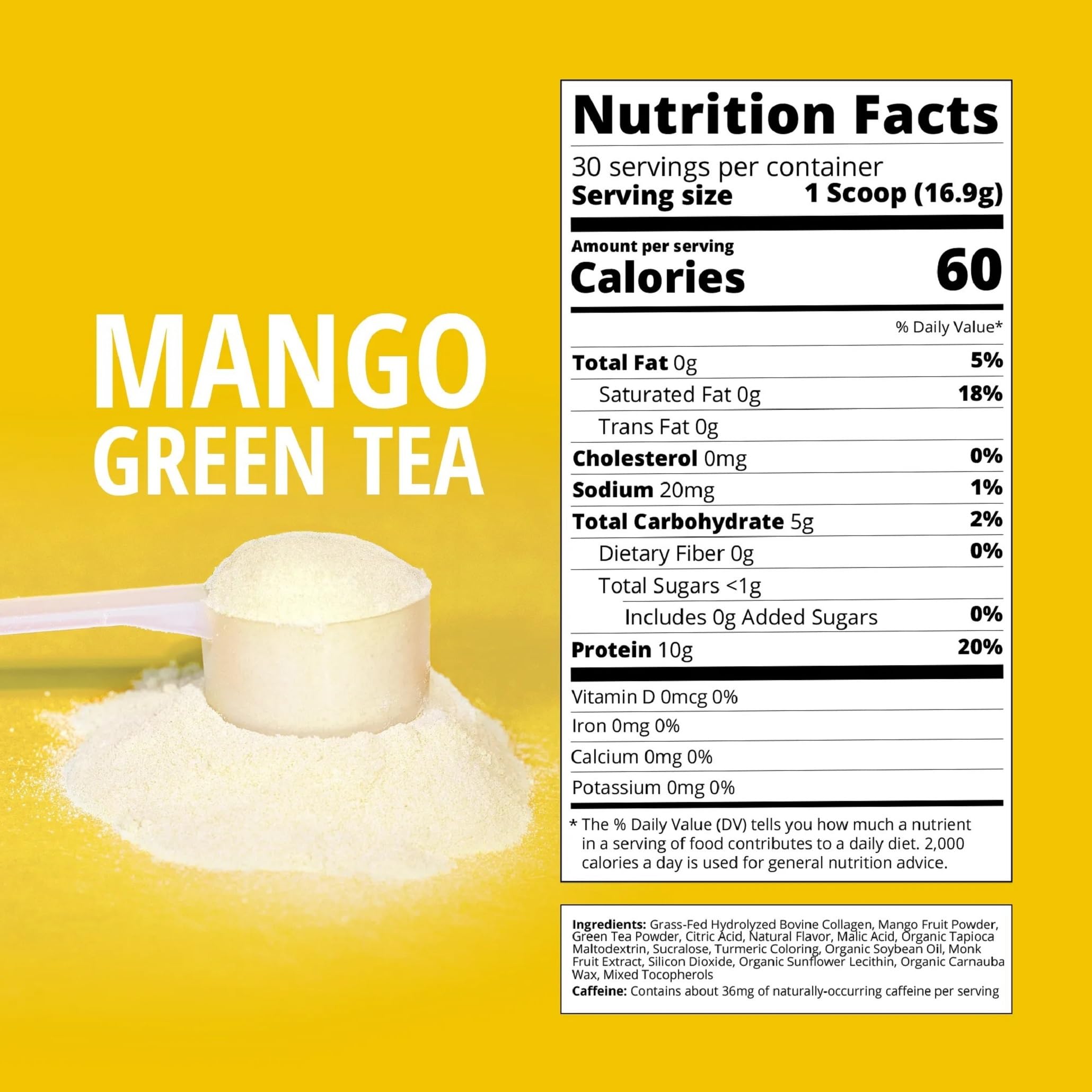 Mango Green Tea Collagen Powder | 30 Servings | Grass-Fed Bovine, No Added Sugar