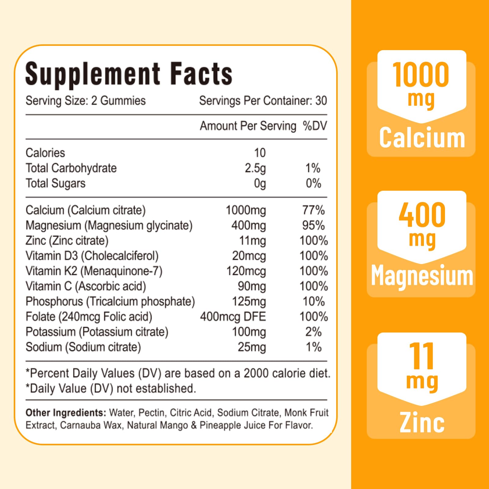 Calcium Magnesium Zinc Gummies with Vitamin D3 & K2 – Vegan Mango-Pineapple, 60 Gummies