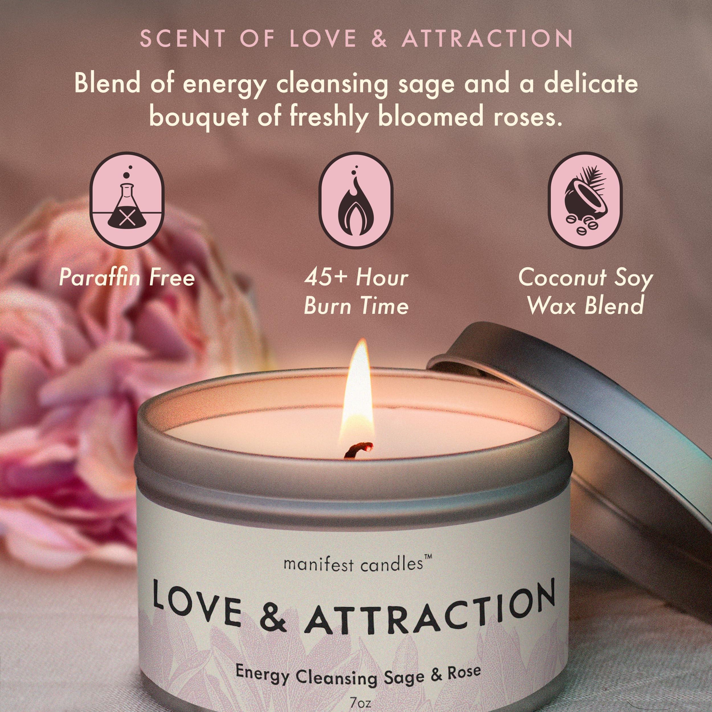 Manifest Candles Love Candle - 7oz Sage & Rose, 50+ Hour Burn