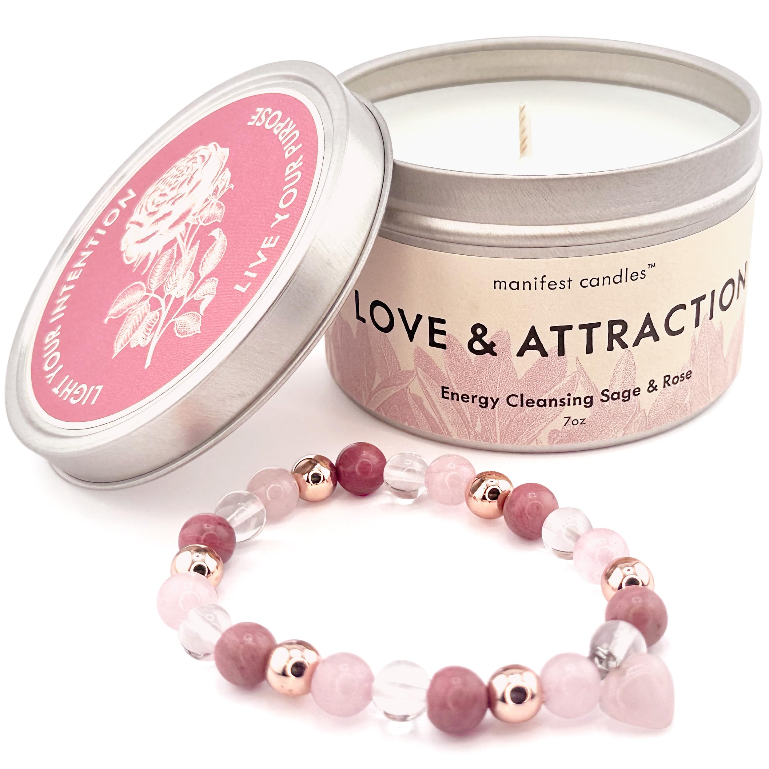 Manifest Candles Love Candle - 7oz Sage & Rose, 50+ Hour Burn