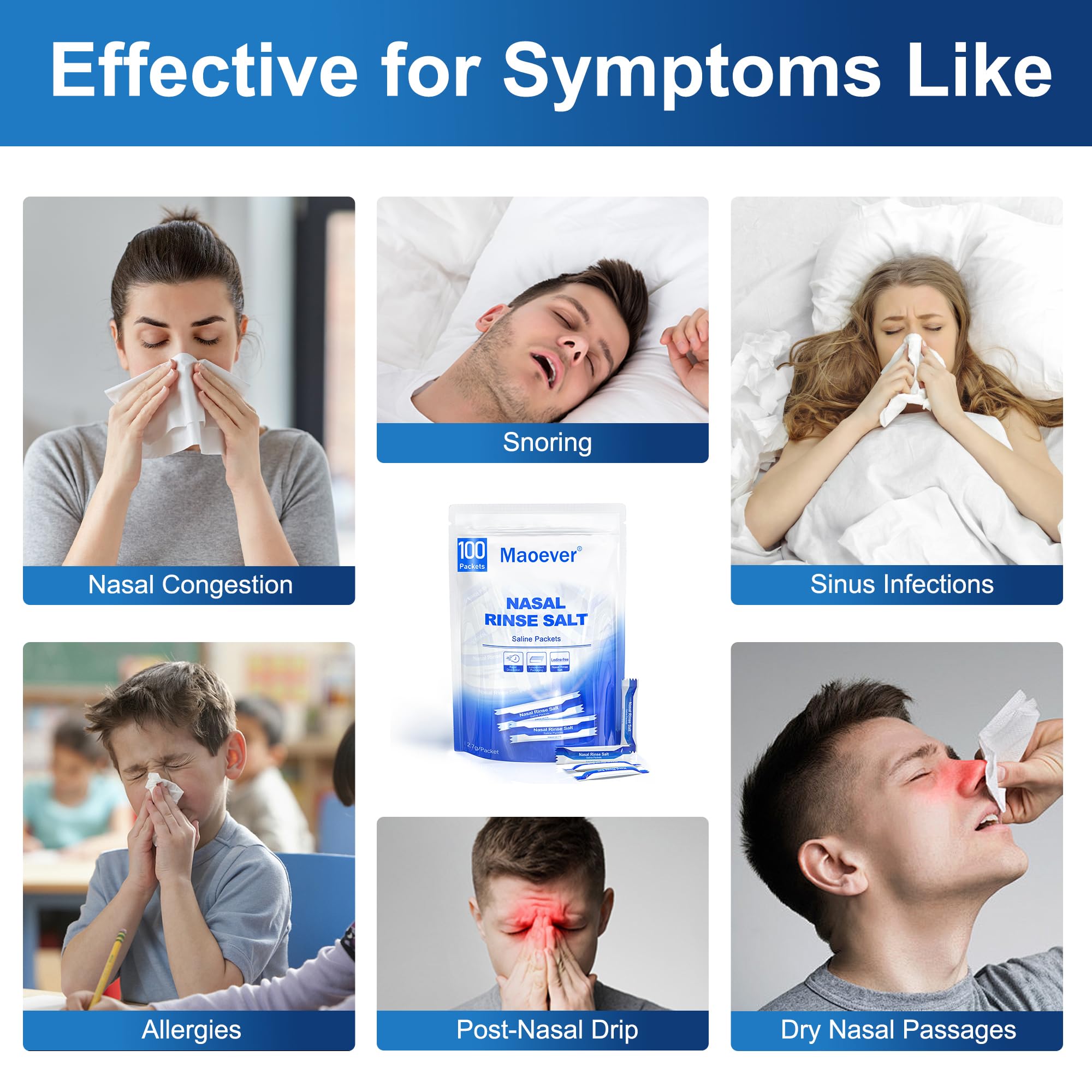 MAOEVER Neti Pot Salt Packets – 100 Individually Wrapped Saline Packets for Nasal Irrigation