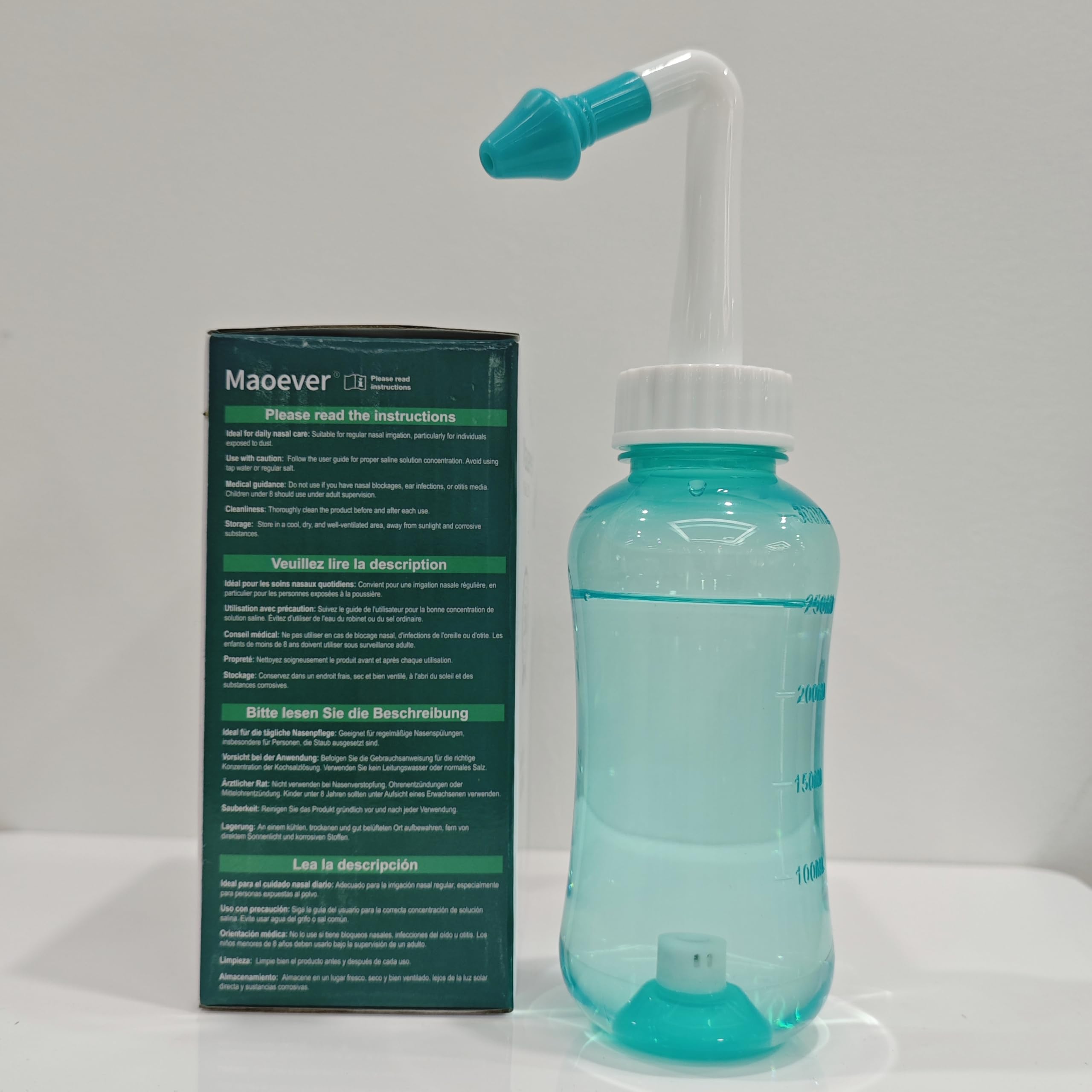 MAOEVER Neti Pot Sinus Rinse Bottle – BPA-Free 300 ml, 30 Salt Packets, Thermometer