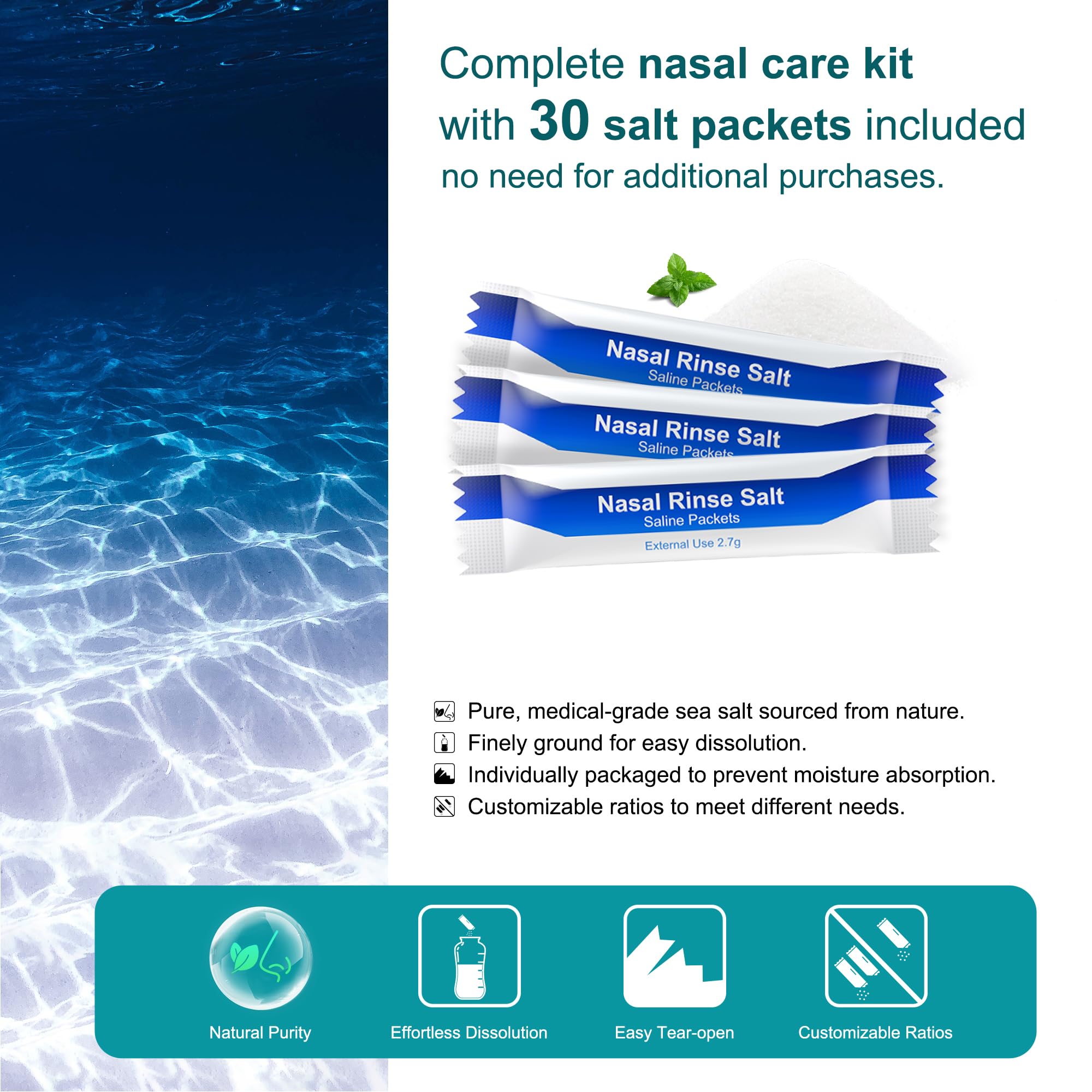 MAOEVER Neti Pot Sinus Rinse Bottle – BPA-Free 300 ml, 30 Salt Packets, Thermometer