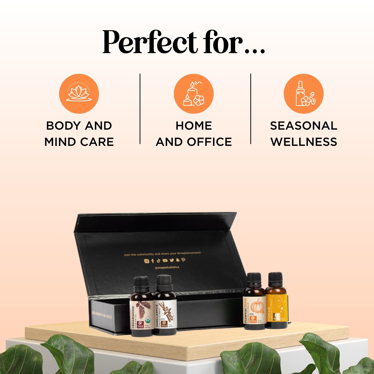 Maple Holistics Fall Essential Oils Set for Diffuser - 4x30mL Pumpkin Spice, Cedarwood, Vanilla Spice & Focus