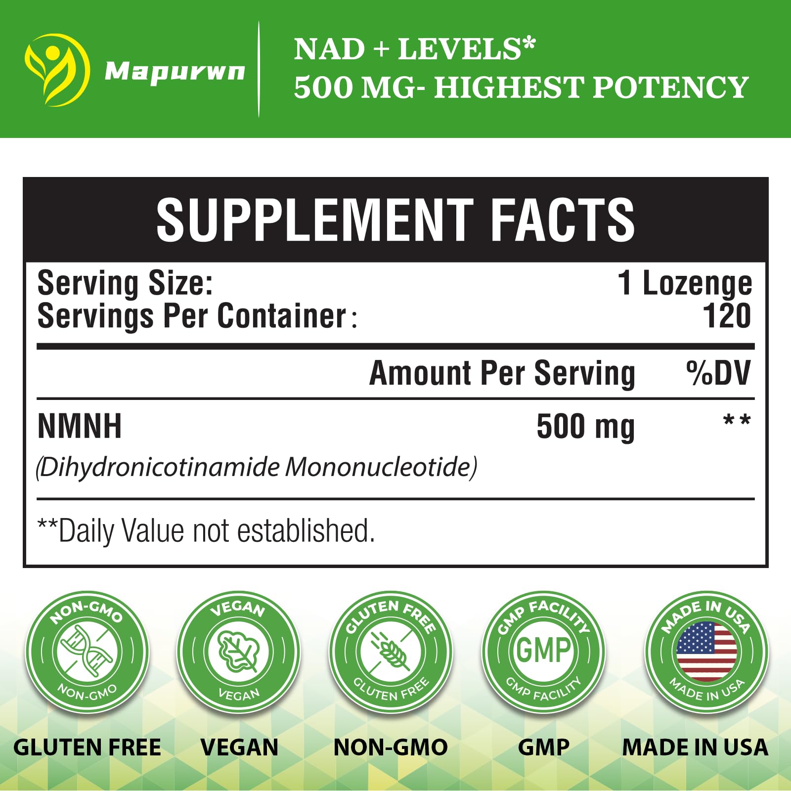 Mapurwn NMNH NMN Supplement 500mg | NAD+ Booster for Aging, Energy & Focus | 120 Count
