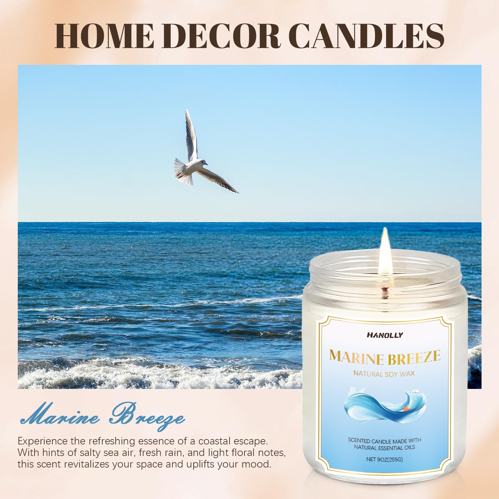 Marine Breeze Candle 9 oz – Scented Soy Candle for Calming Home Ambiance
