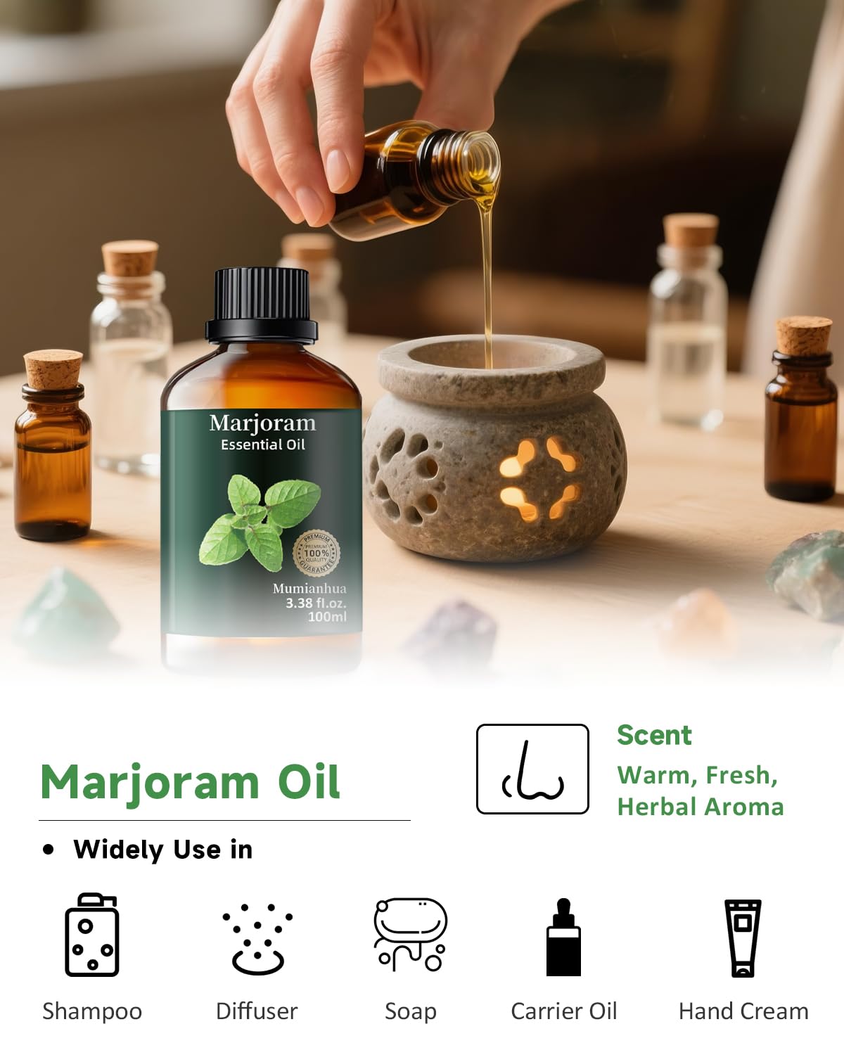 Pure Marjoram Essential Oil | Mumianhua Natural Marjoram Oil 3.38 fl oz