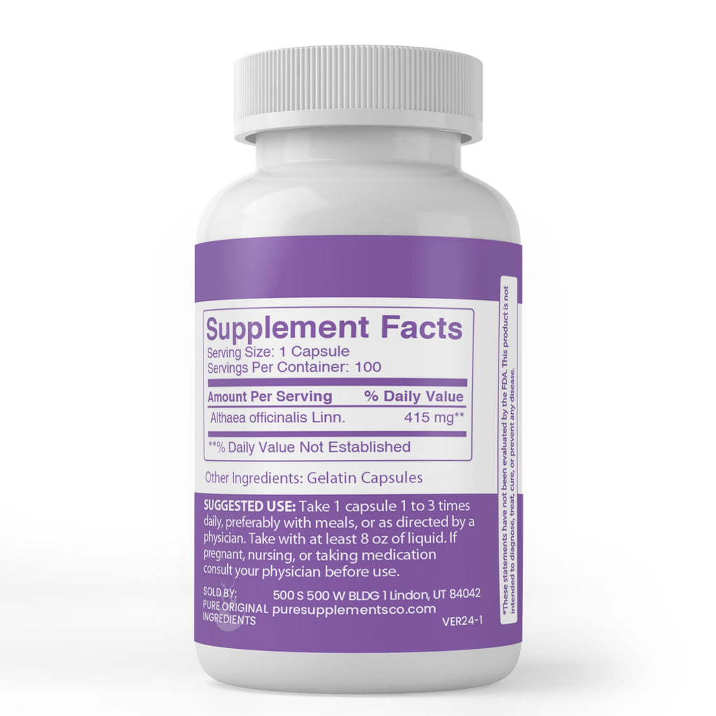 Pure Marshmallow Root Capsules – 100 Count, Always Pure, No Additives, Lab Verified
