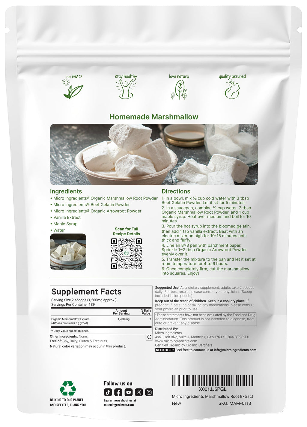 Organic Marshmallow Root Powder 8 oz - Filler-Free, Non-GMO, Vegan | Micro Ingredients