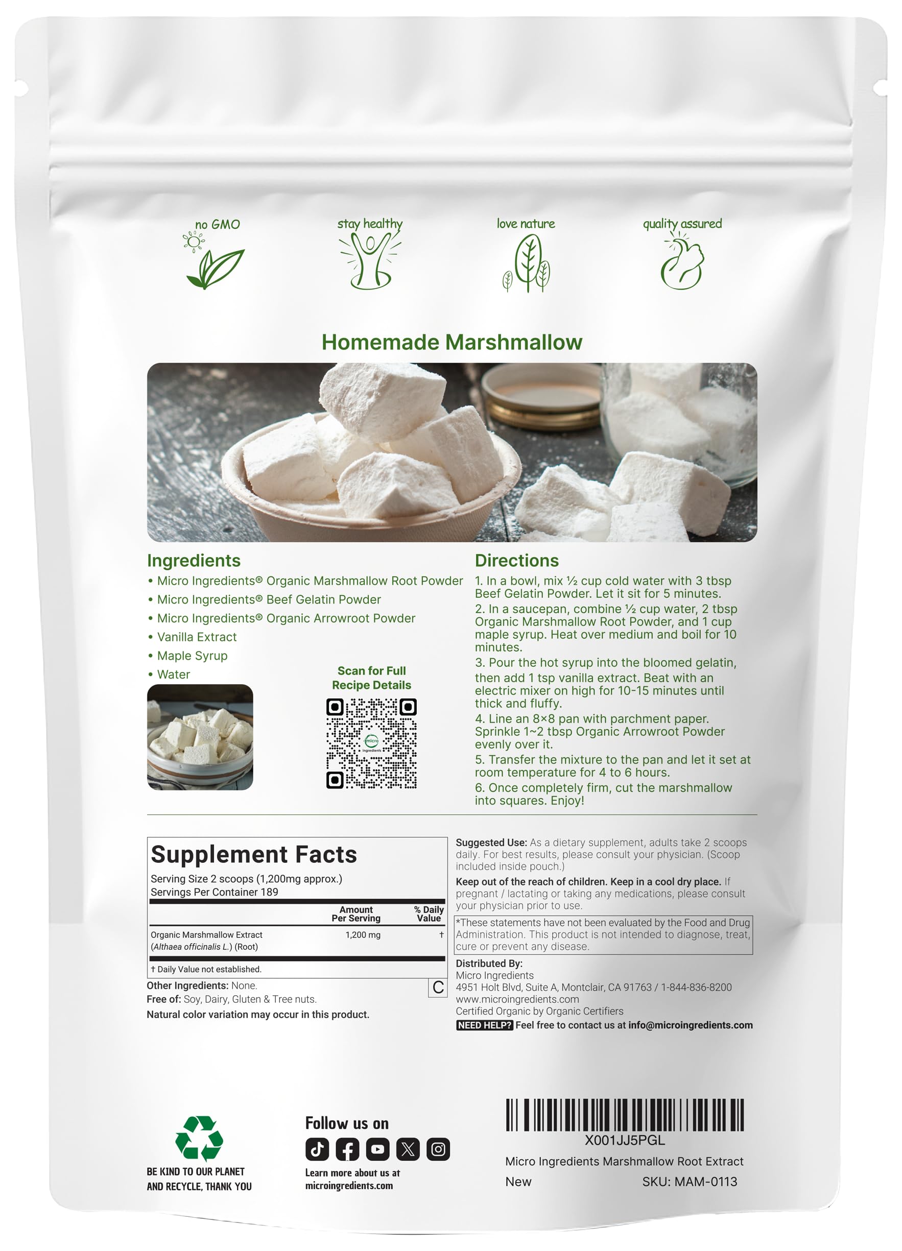 Organic Marshmallow Root Powder 8 oz - Filler-Free, Non-GMO, Vegan | Micro Ingredients