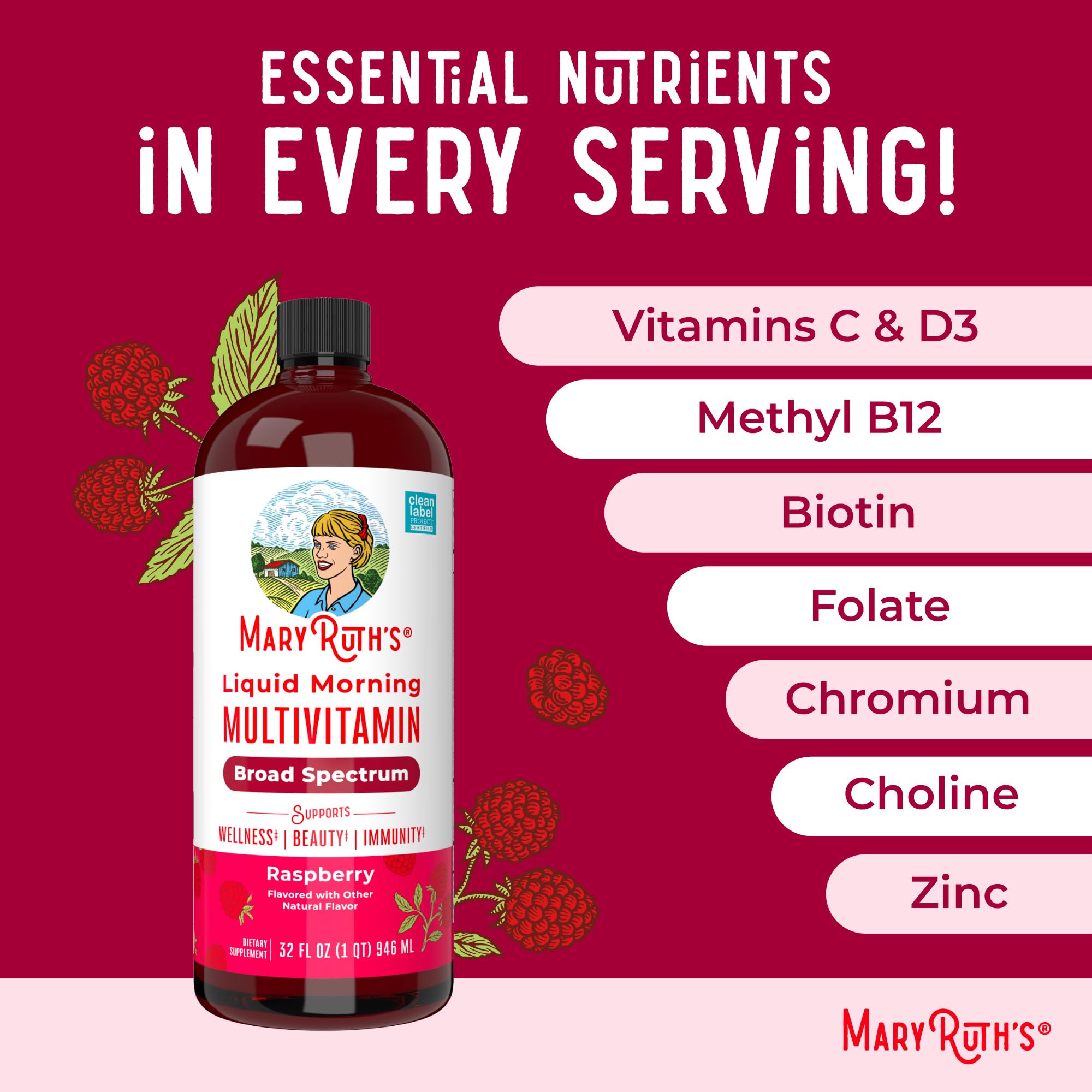 MaryRuth Organics Liquid Morning Multivitamin for Women, Men & Kids — Vegan, Non-GMO, Gluten Free | 32 Servings