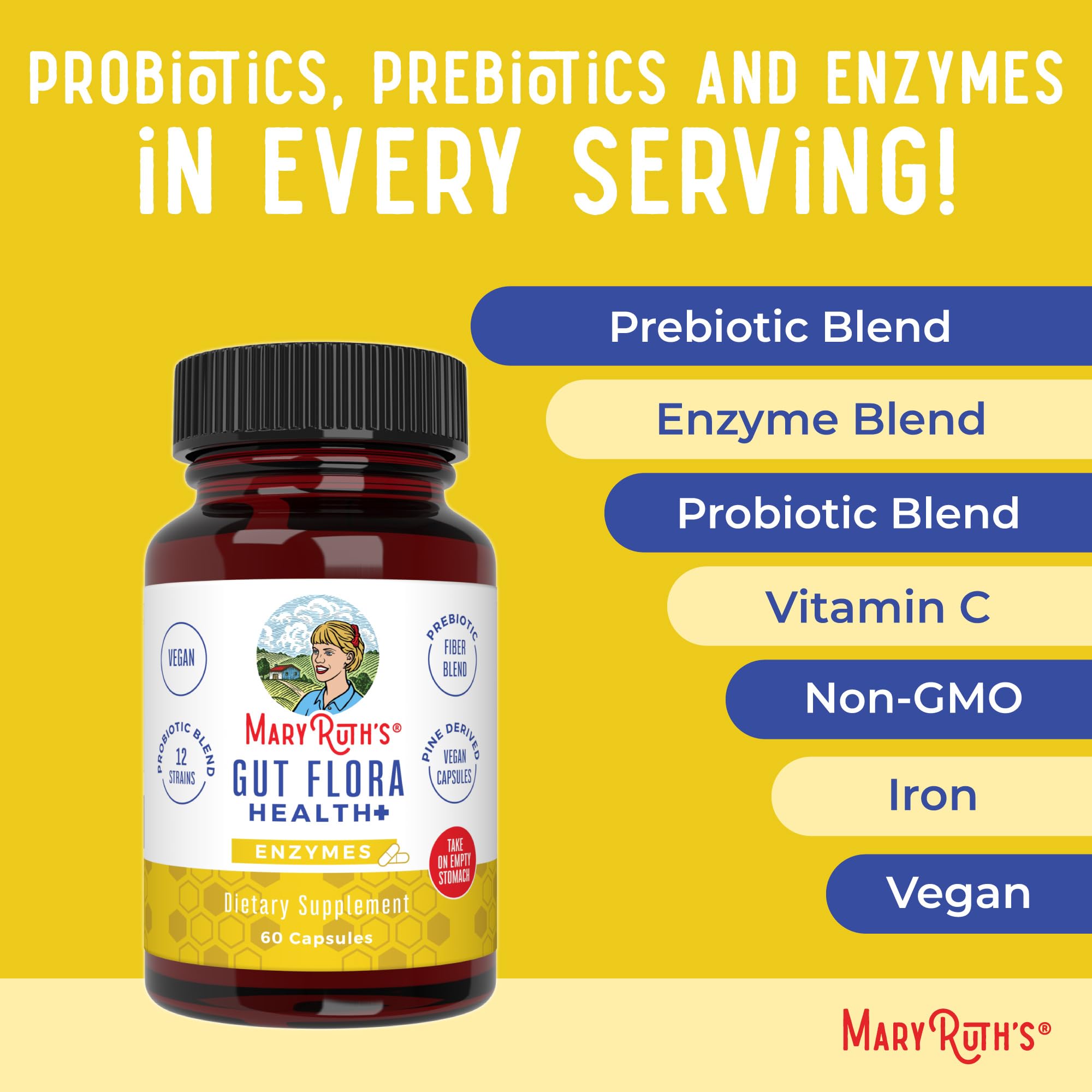 MaryRuth Organics Gut Flora Health+ Enzymes | 60 Capsules | Probiotic Digestive Enzymes