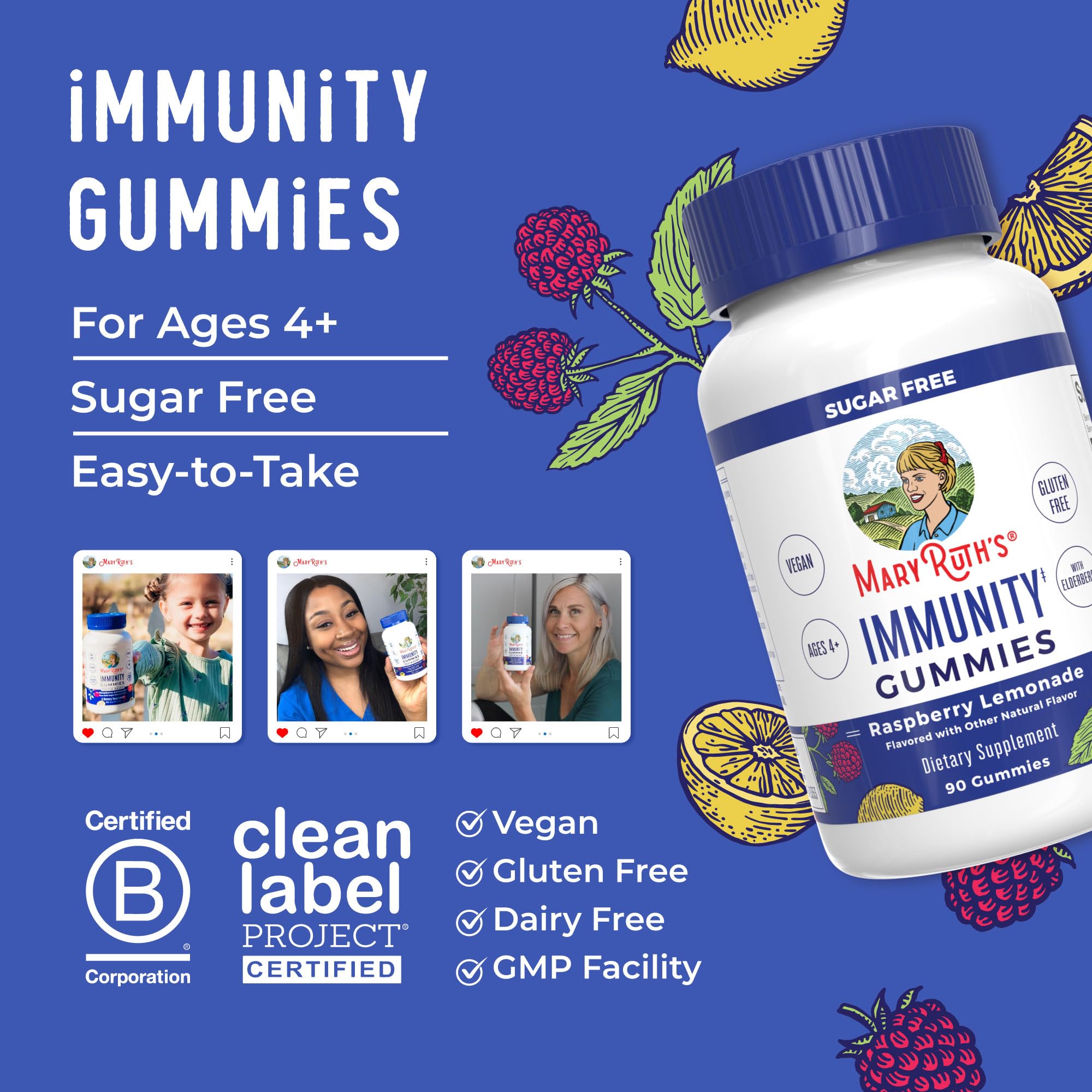 MaryRuth Organics Sugar Free Immunity Gummies – Elderberry, Vitamin C & Zinc | Vegan & Non-GMO | 90ct