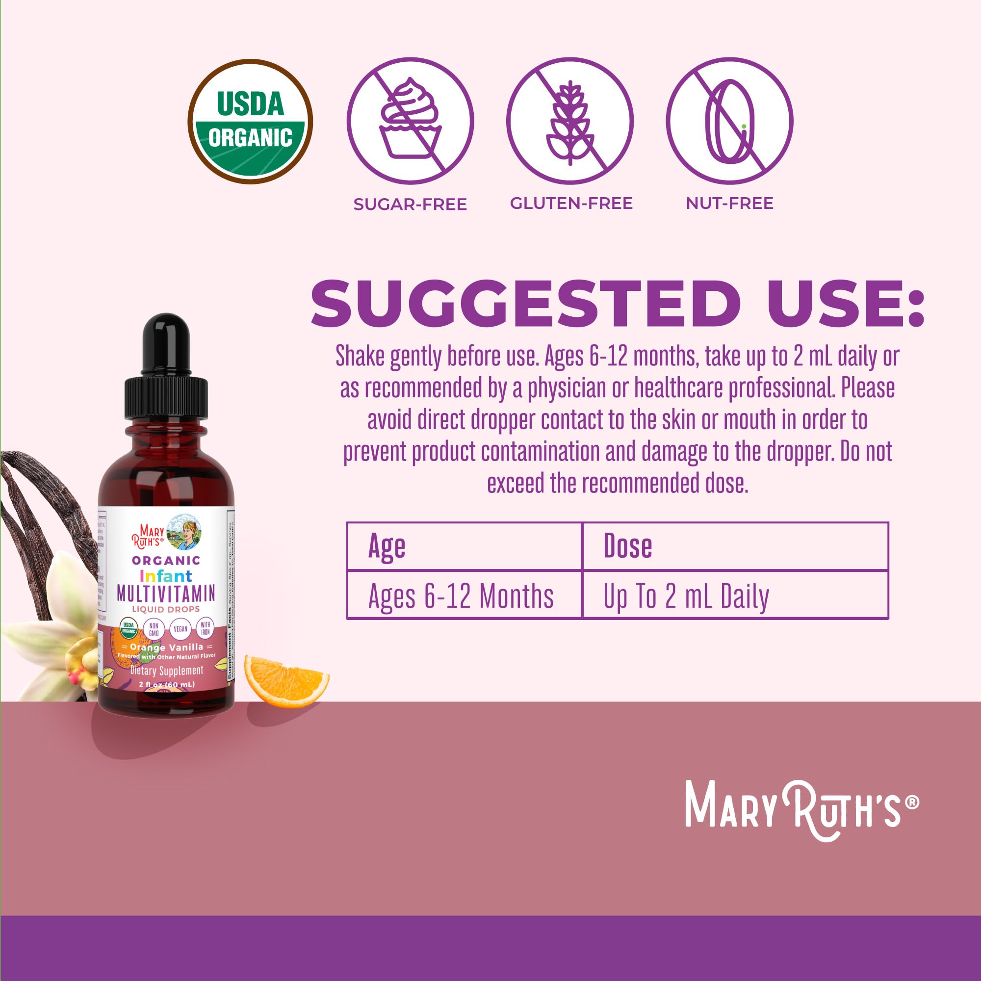 MaryRuth Organics Infant Multivitamin with Iron – USDA Organic Liquid Drops (6-12 Months) | 2 Fl Oz