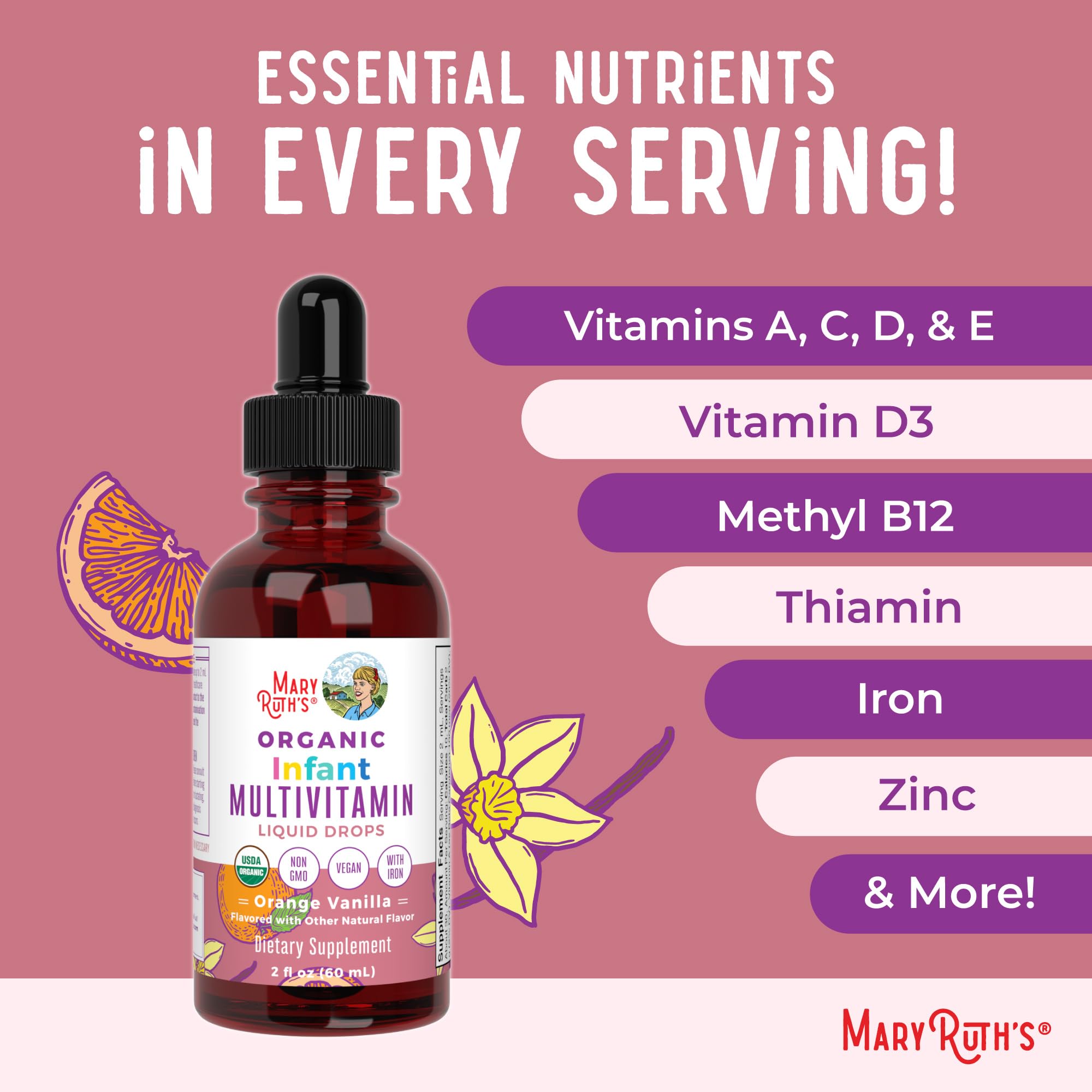 MaryRuth Organics Infant Multivitamin with Iron – USDA Organic Liquid Drops (6-12 Months) | 2 Fl Oz