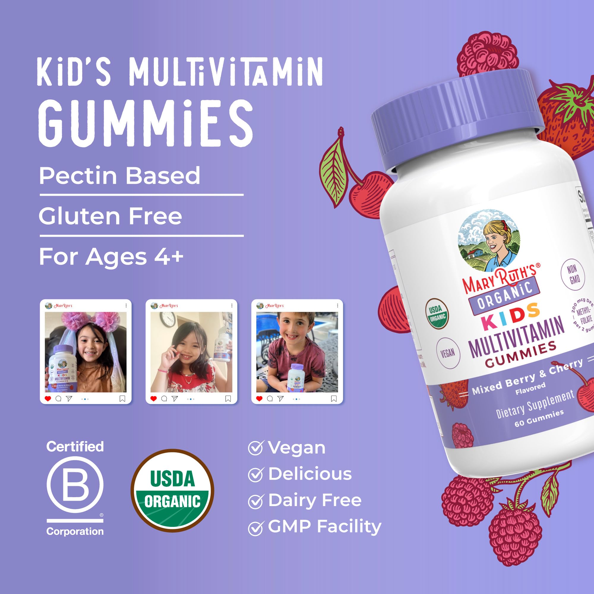 MaryRuth Organics Kids Multivitamin Gummies | 60 Count | Vegan | For Ages 4+ | 2 Gummies Daily