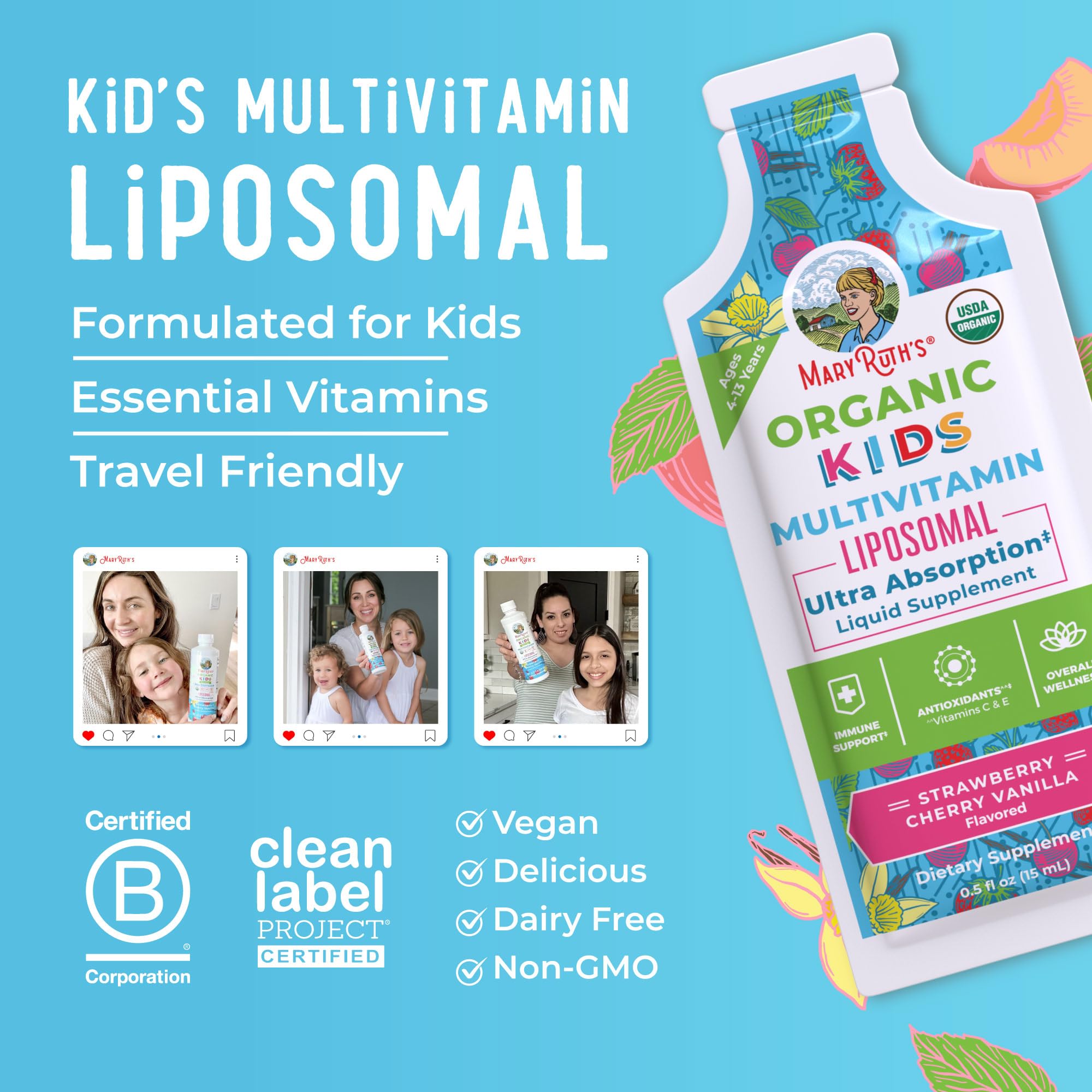MaryRuth Organics Multivitamin for Kids | Sugar Free | Liquid Vitamins | Immune Support Supplement | Cognitive Health & Overall Wellness | USDA Organic | Vegan | Non-GMO | 14 Servings
