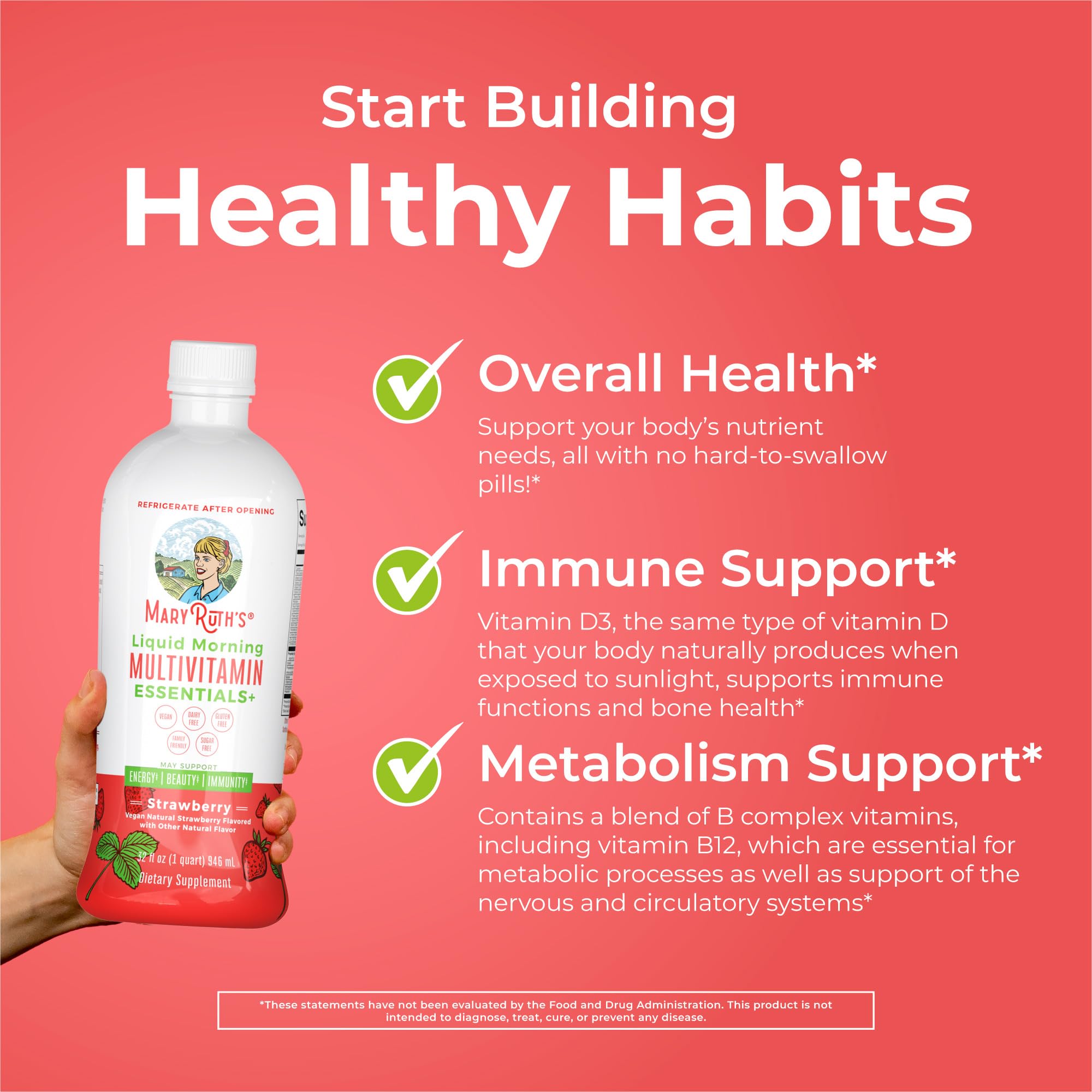 MaryRuth Organics Liquid Morning Multivitamin Essentials+ | Immune Support | Sugar Free | Vegan | 32 Fl Oz