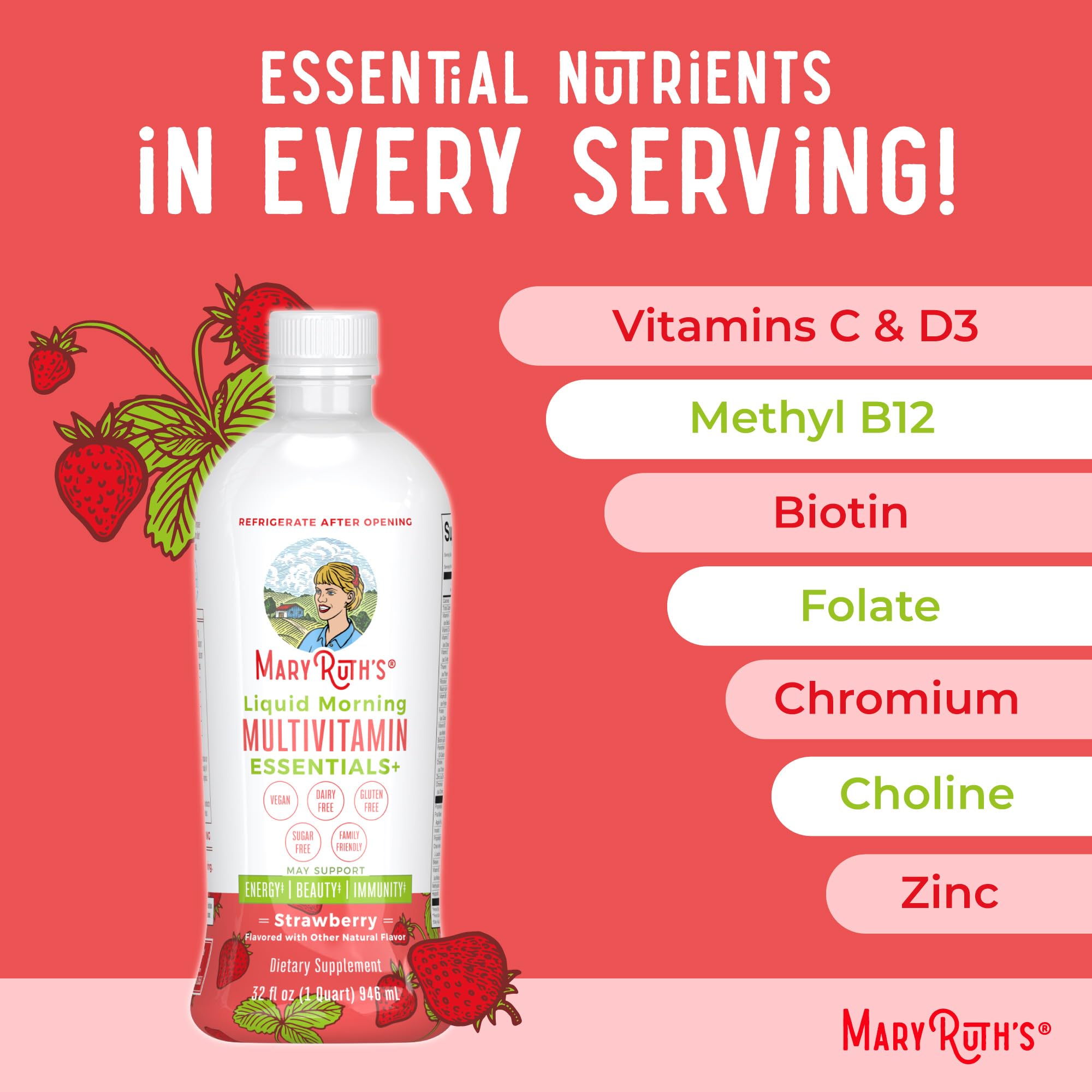 MaryRuth Organics Liquid Morning Multivitamin Essentials+ | Immune Support | Sugar Free | Vegan | 32 Fl Oz