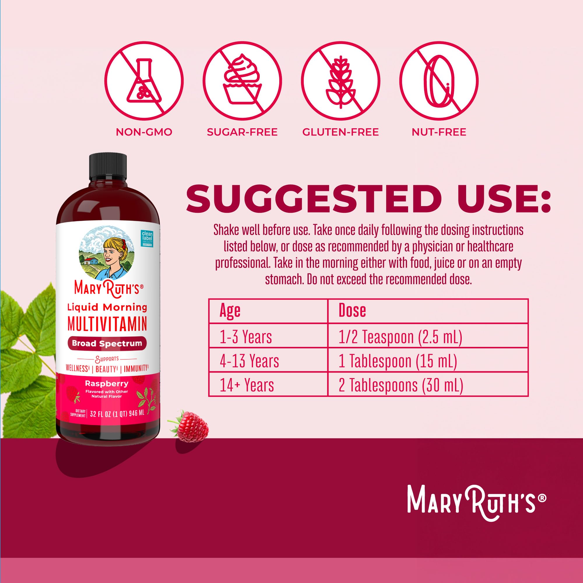 MaryRuth Organics Liquid Morning Multivitamin for Women, Men & Kids — Vegan, Non-GMO, Gluten Free | 32 Servings