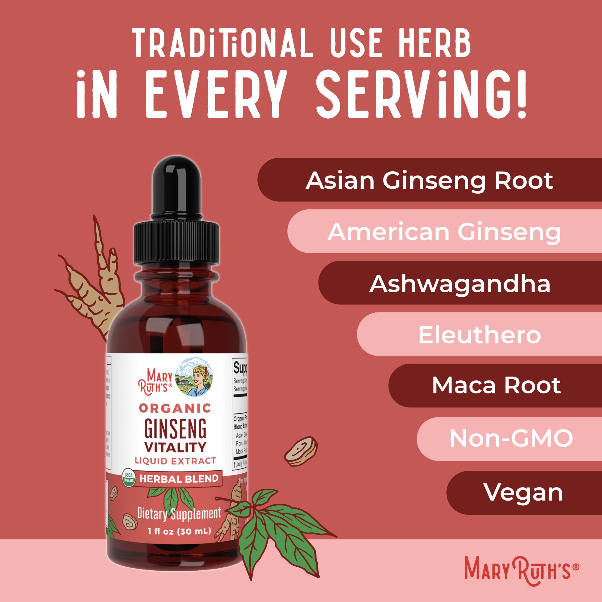 MaryRuth Organics Herbal Brain Function Supplement | Ginseng with Ashwagandha | USDA | 1 Fl Oz