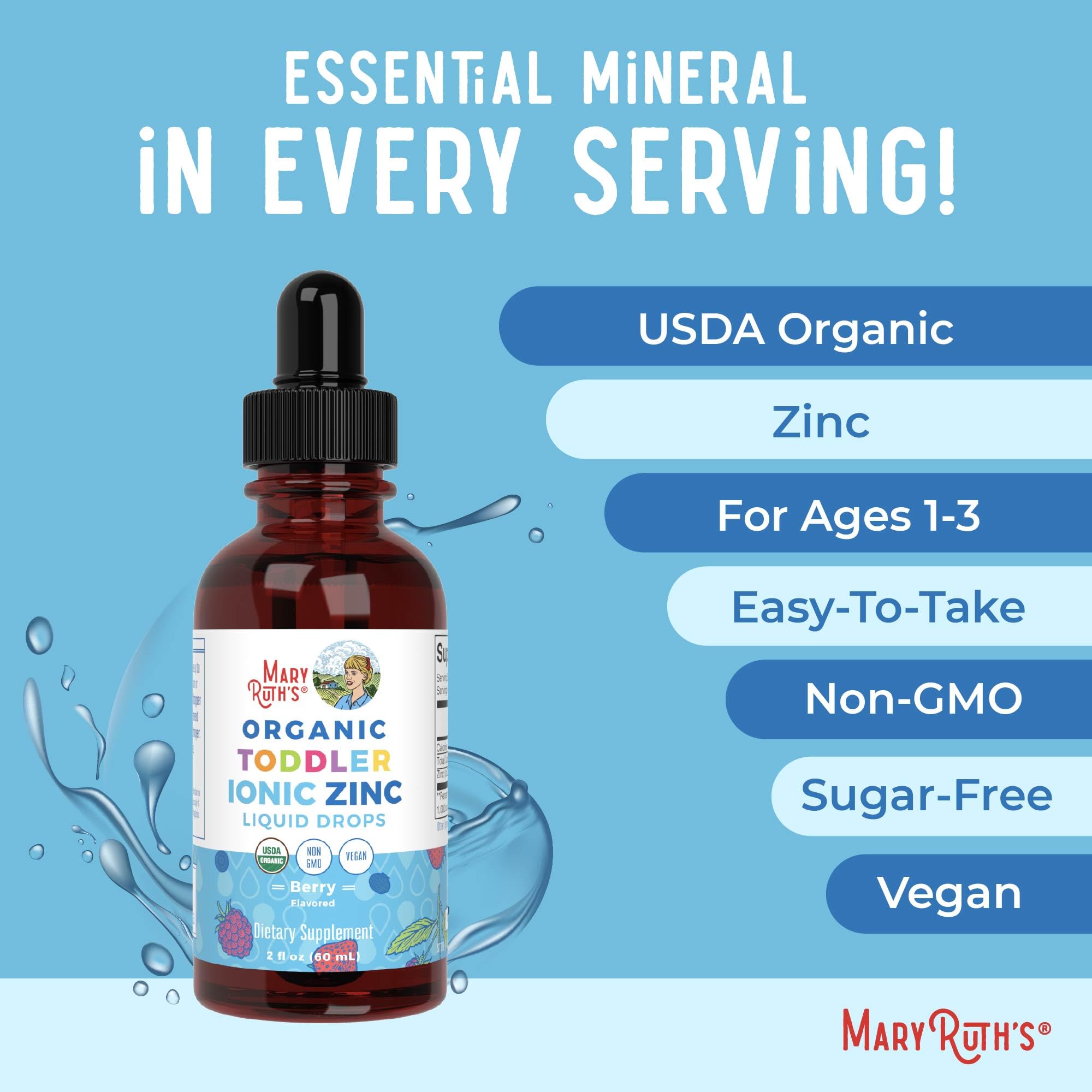 MaryRuth Organics Toddler Liquid Zinc Drops – USDA Organic, Immune Support, Berry Flavor, 1–3 Years, 2 fl oz