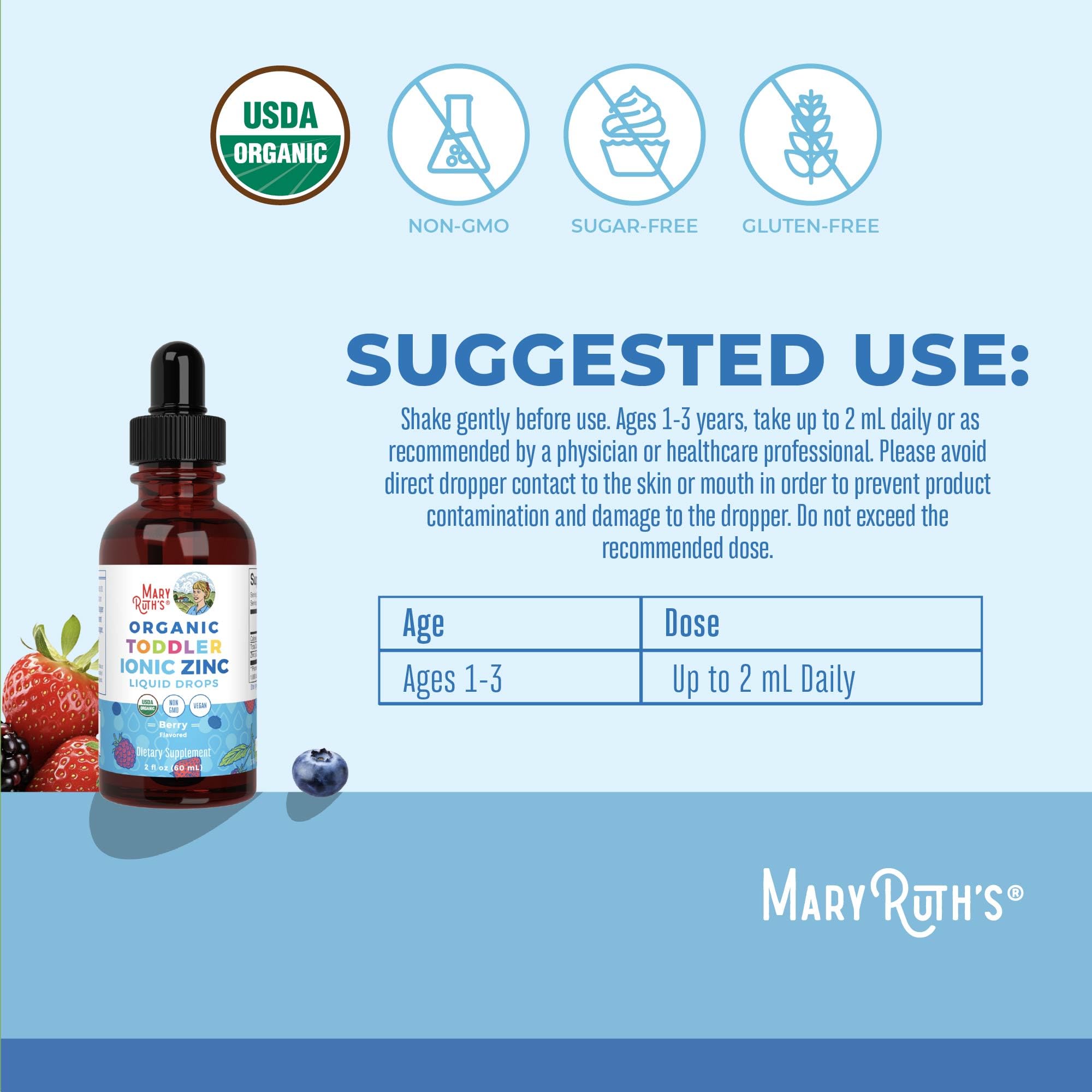 MaryRuth Organics Toddler Liquid Zinc Drops – USDA Organic, Immune Support, Berry Flavor, 1–3 Years, 2 fl oz