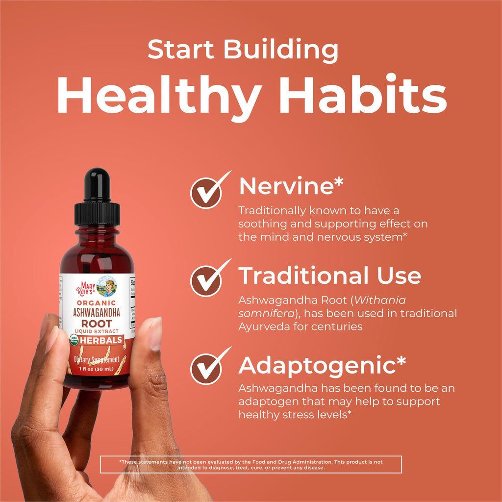 MaryRuth Organics Ashwagandha Root | USDA Organic Ashwagandha Liquid Drops | Stress Relief, Natural Calm, Relaxation and Mood Support Supplement | Adaptogenic | Nervine | Vegan | Non-GMO | 60 Servings