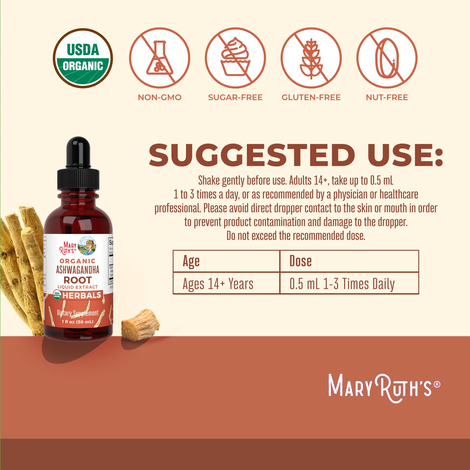 MaryRuth Organics Ashwagandha Root | USDA Organic Ashwagandha Liquid Drops | Stress Relief, Natural Calm, Relaxation and Mood Support Supplement | Adaptogenic | Nervine | Vegan | Non-GMO | 60 Servings