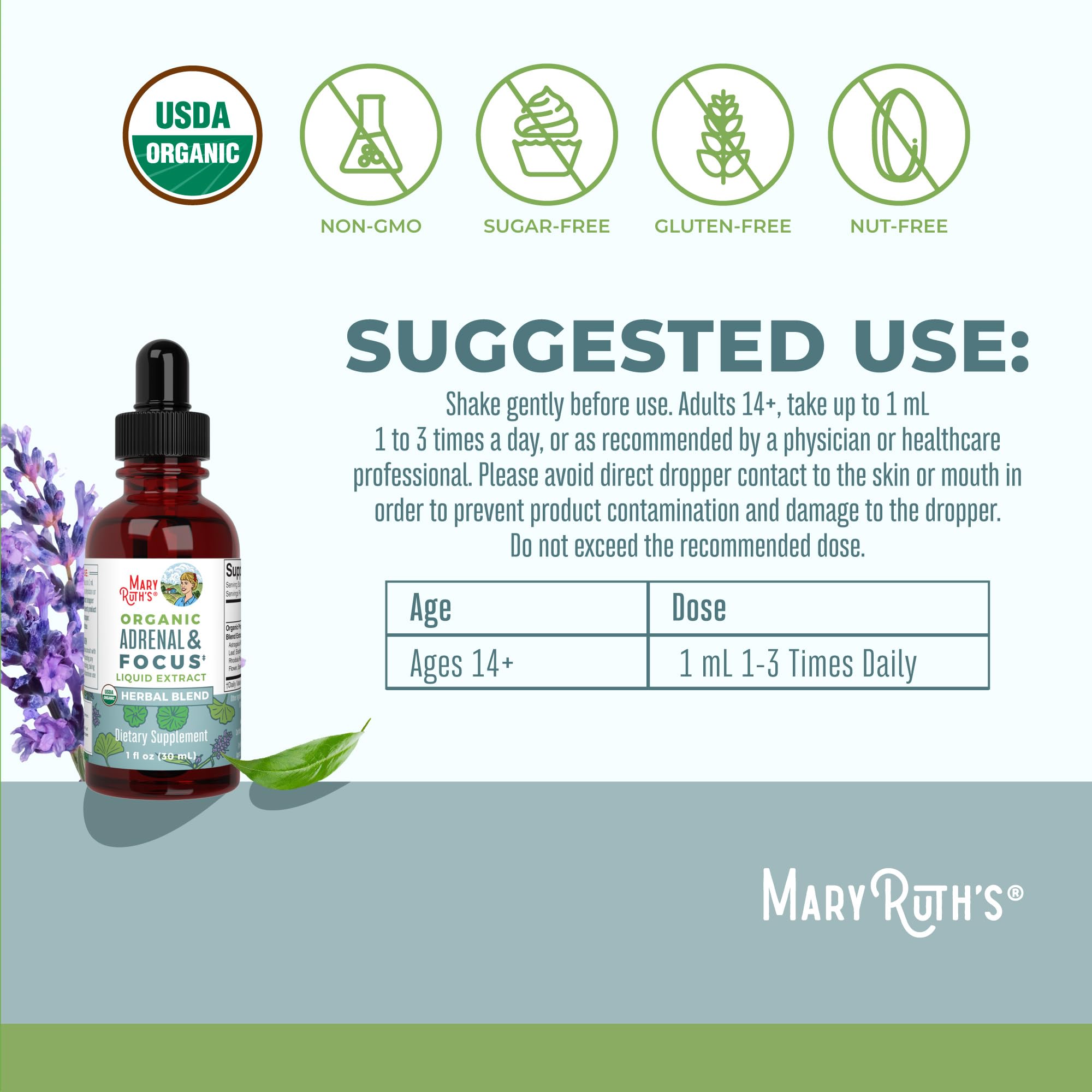 MaryRuth Organics USDA Organic Brain Nootropic Drops – Ginkgo Biloba & Astragalus | Focus & Adrenal Support | 30 Servings