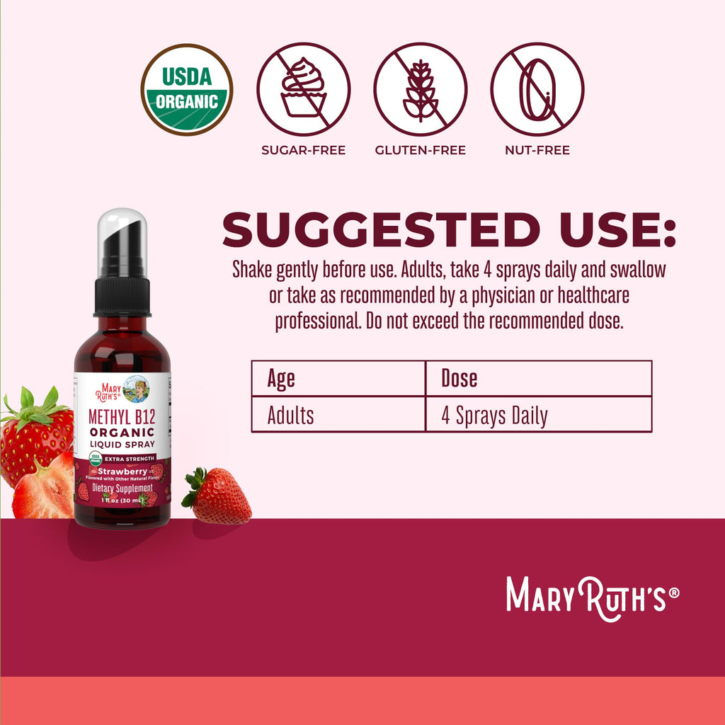MaryRuth Organics Vitamin B12 Liquid Spray | Vegan, USDA Organic, 720 mcg | 1 fl oz