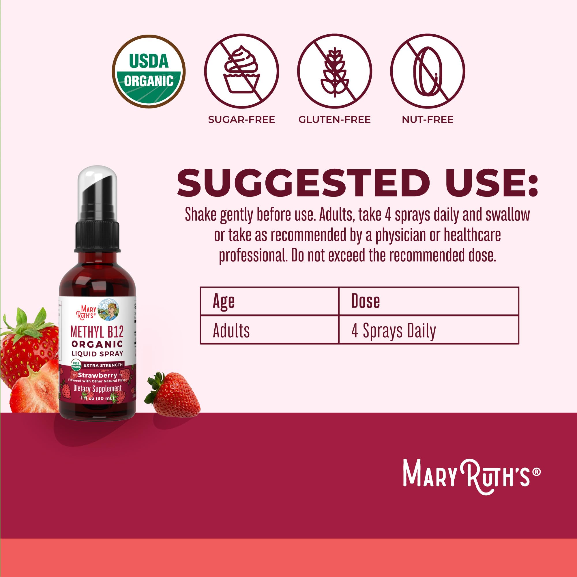 MaryRuth Organics Vitamin B12 Liquid Spray | Vegan, USDA Organic, 720 mcg | 1 fl oz