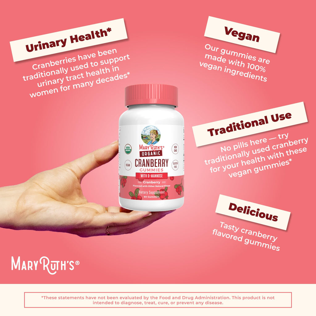 MaryRuth Organics Organic Cranberry Gummies - 500mg Cranberry + D-Mannose for Urinary Health | USDA Organic | Vegan | 30 Servings