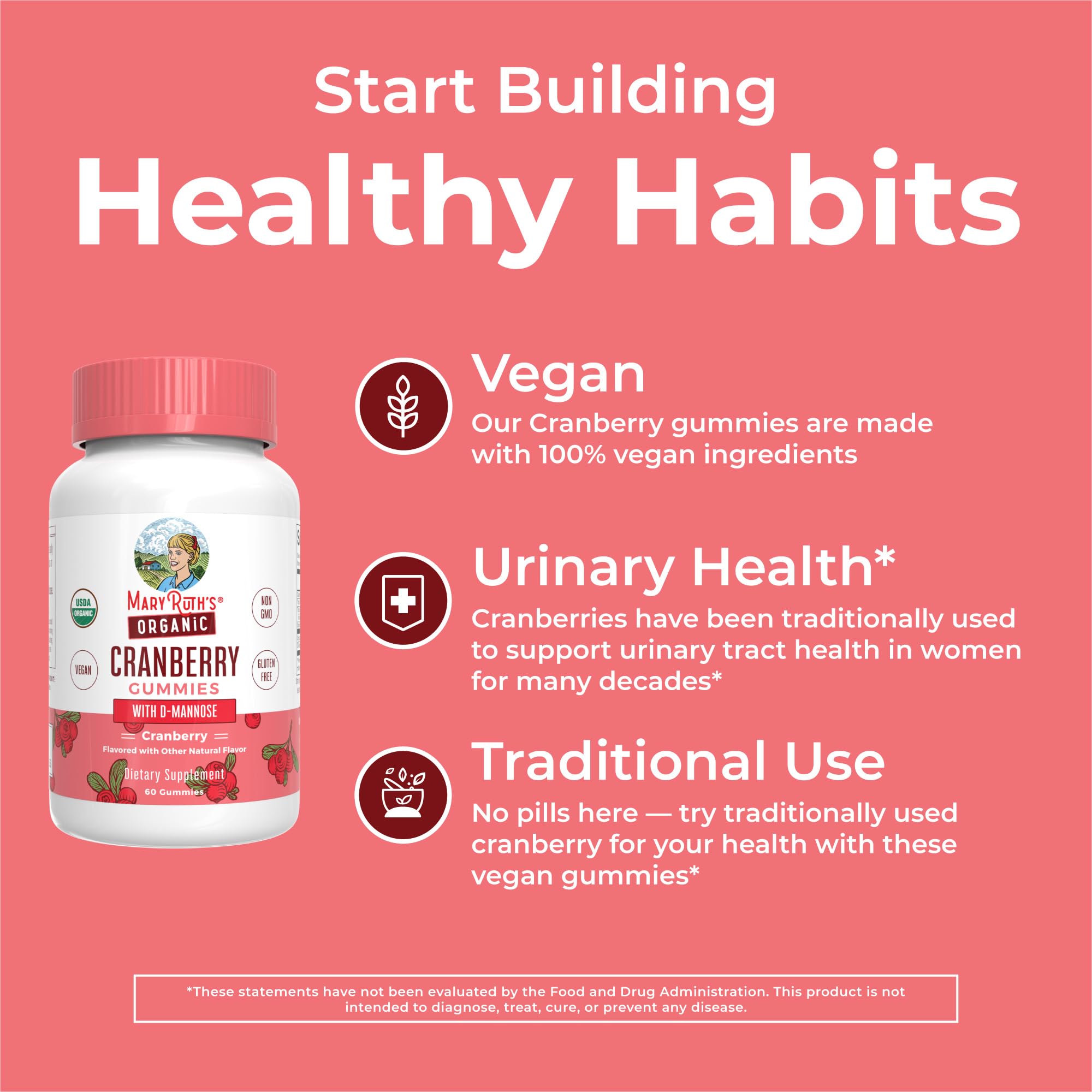 MaryRuth Organics Organic Cranberry Gummies - 500mg Cranberry + D-Mannose for Urinary Health | USDA Organic | Vegan | 30 Servings